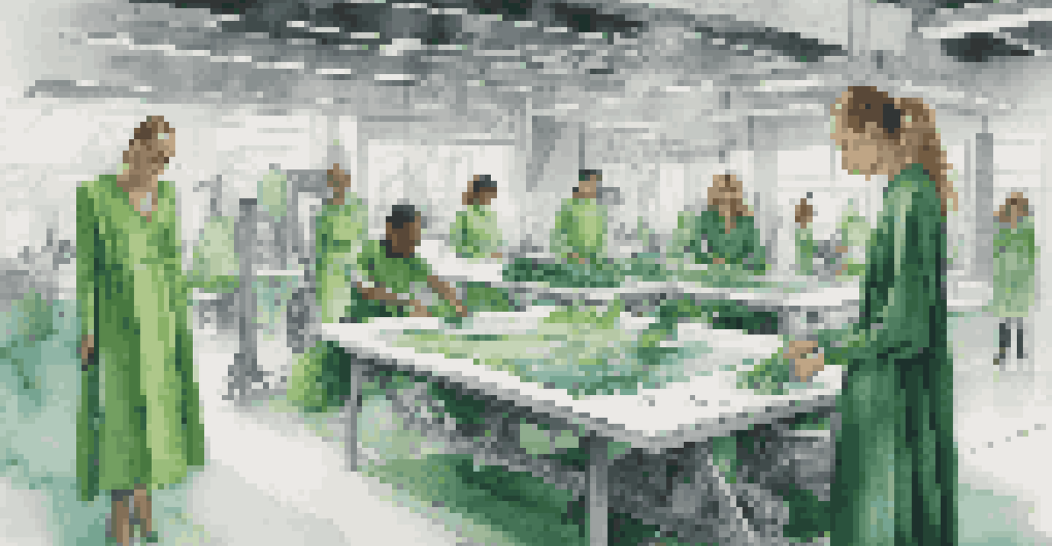 Artisans in a modern workshop creating garments with advanced machines that recycle materials, surrounded by plants and natural light.