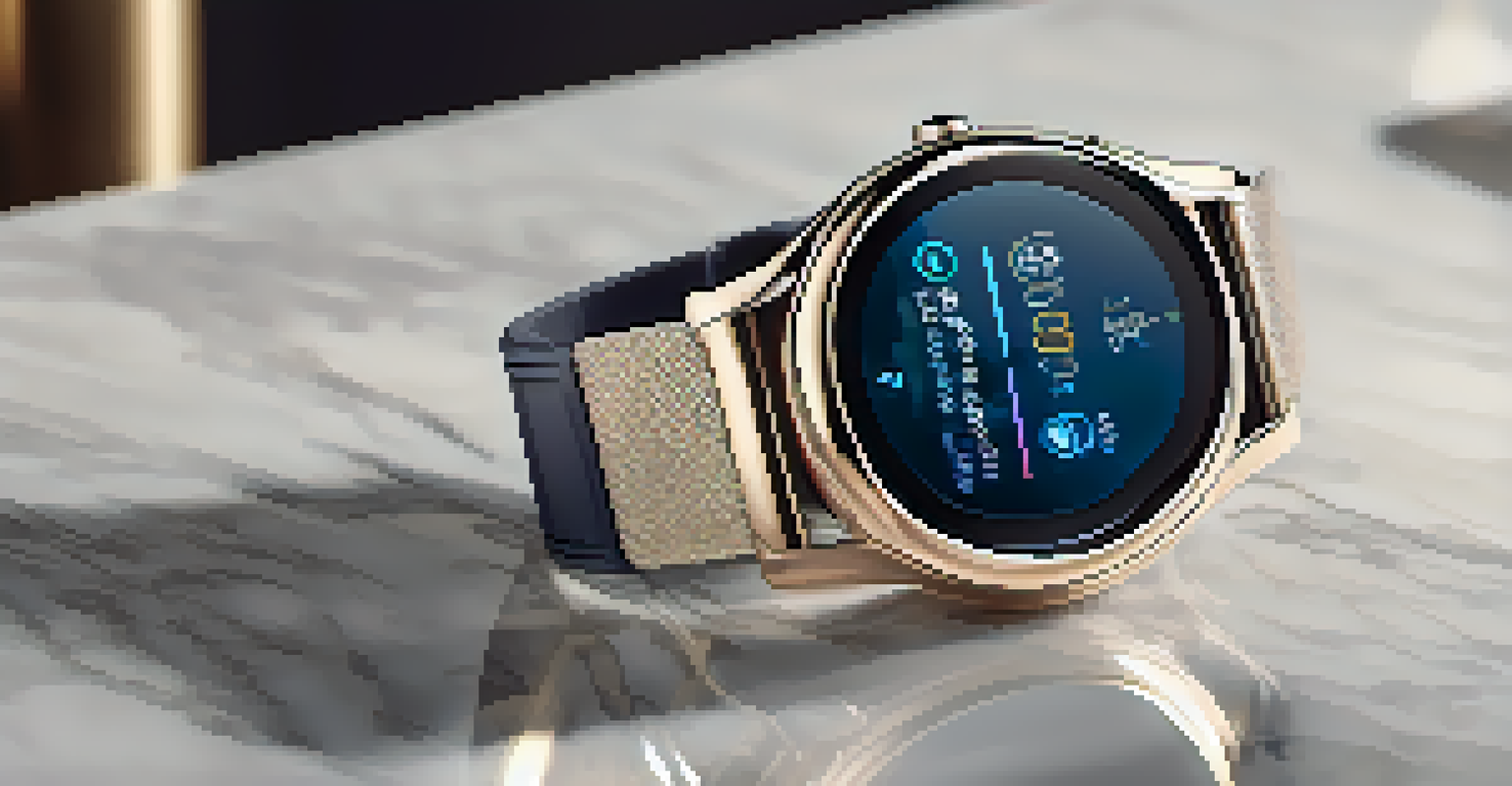 A luxury fitness tracker displayed on a marble countertop, featuring stainless steel and sapphire glass with customizable watch faces.