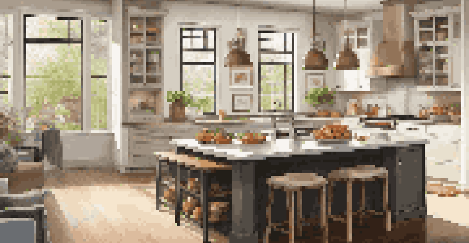 A bright kitchen with large windows, an inviting island, and warm smart lighting, filled with fresh ingredients.