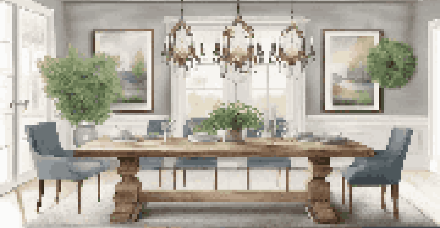 An elegant dining room featuring a vintage chandelier and a reclaimed wood table, surrounded by sustainable modern chairs and greenery, creating a serene atmosphere.