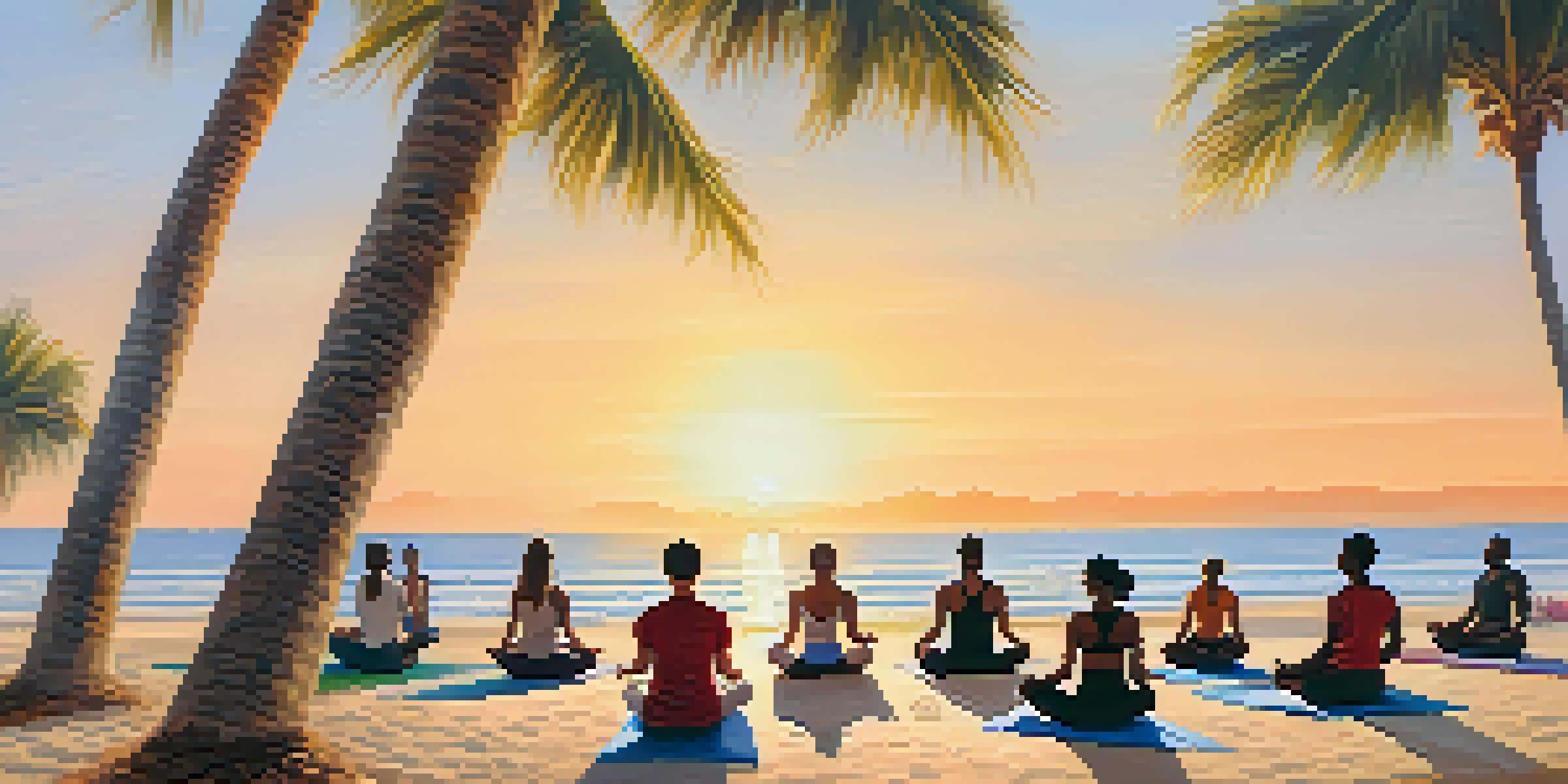 A group of people practicing yoga on the beach during sunrise, with palm trees and calm waters in the background.