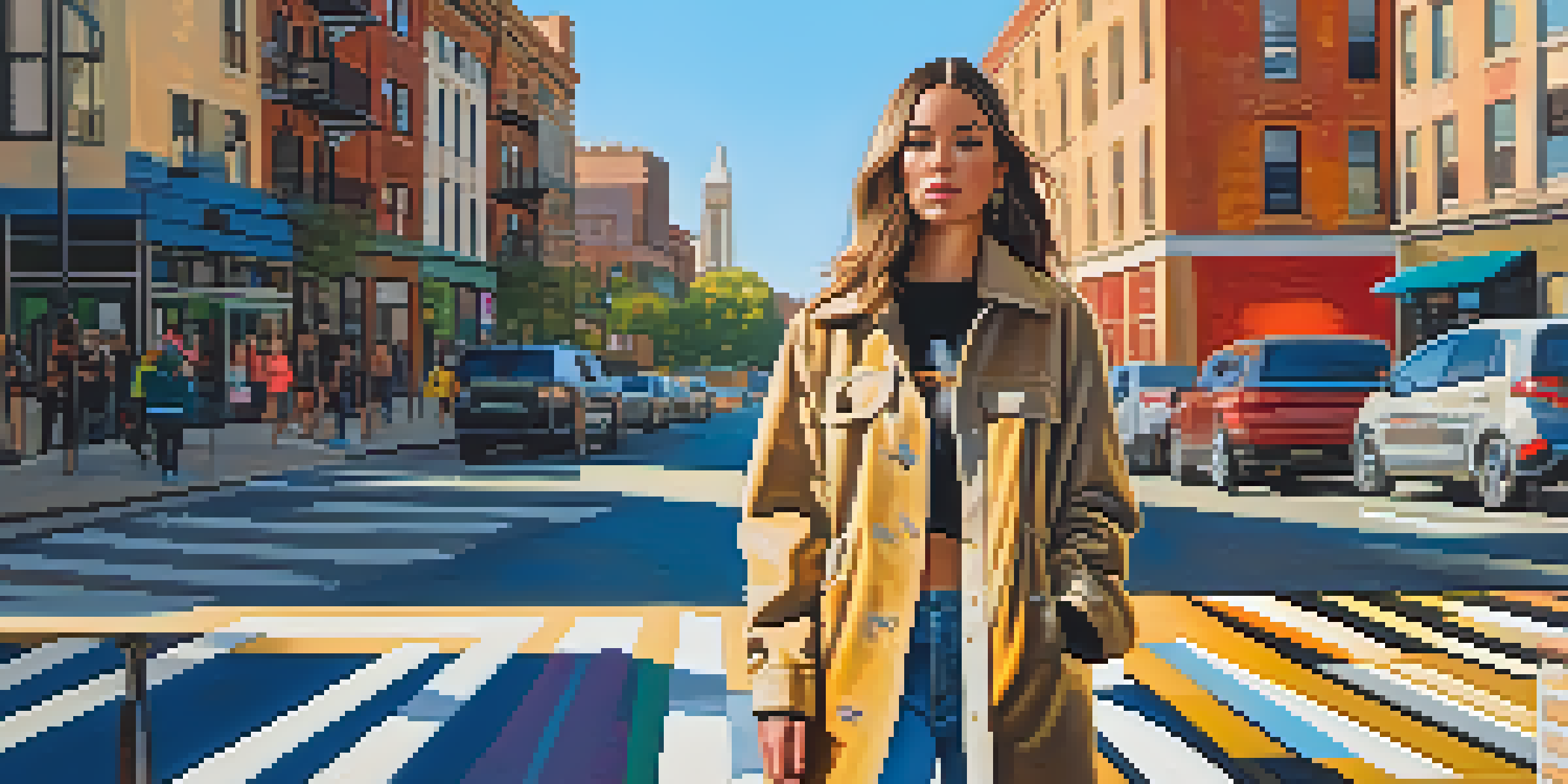 A fashionable young woman walking confidently on a city sidewalk during golden hour, wearing an oversized jacket and colorful sneakers, with modern buildings and street art in the background.