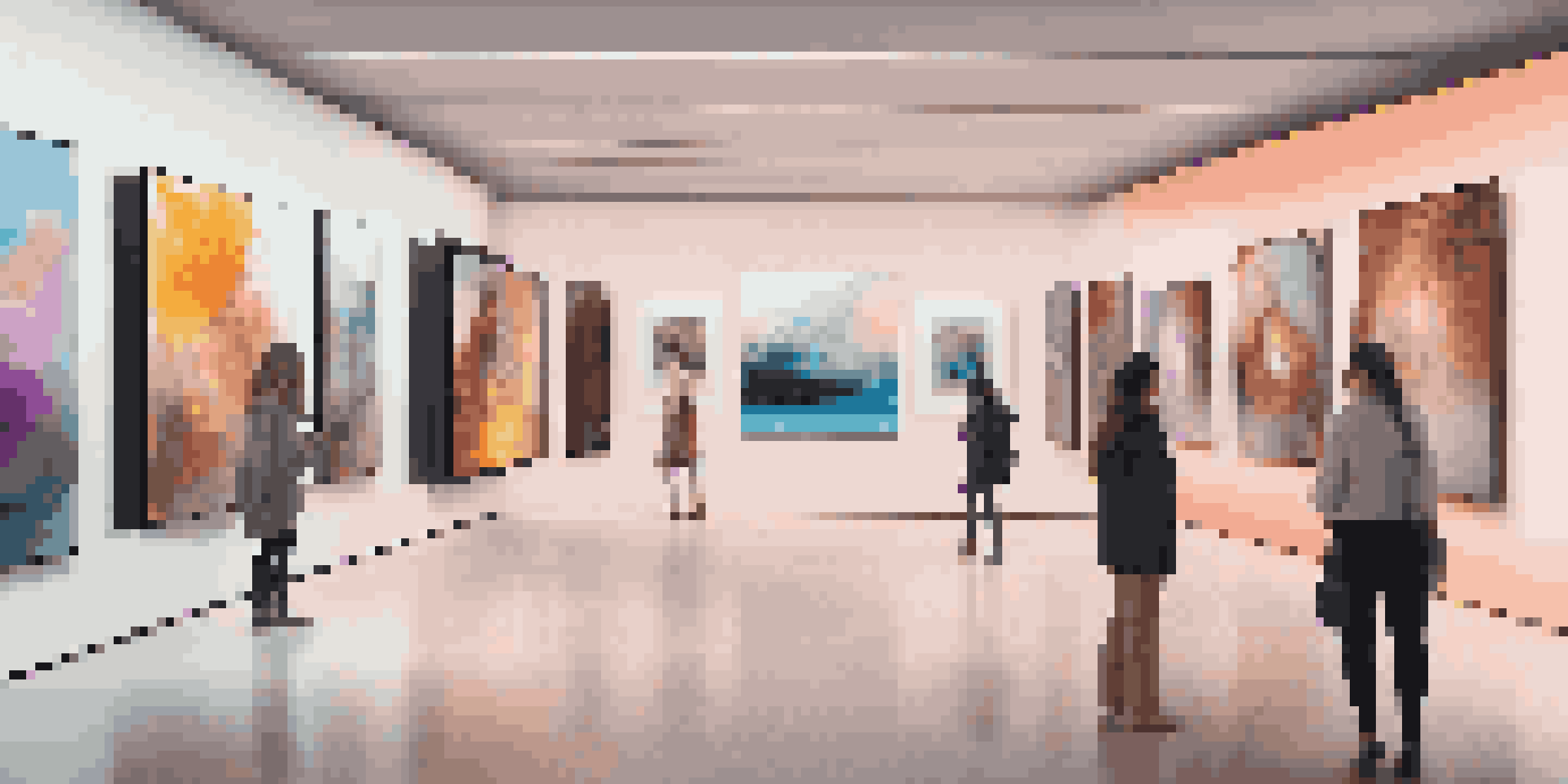 A modern digital art gallery with people admiring luxury digital artworks on screens.