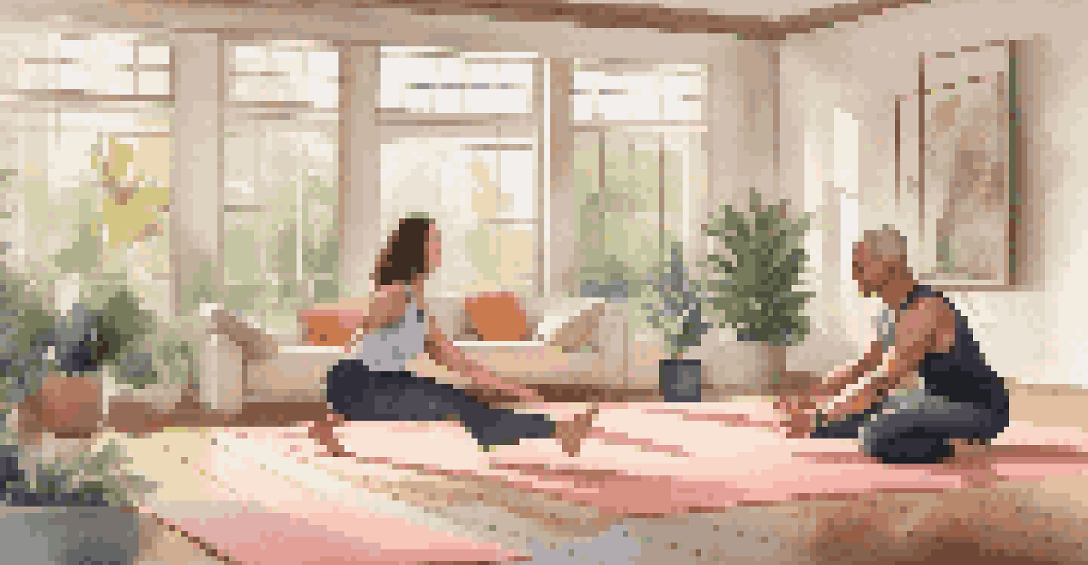 A wellness coach teaching yoga in a luxurious home gym to a young male client, surrounded by premium fitness equipment and natural light.