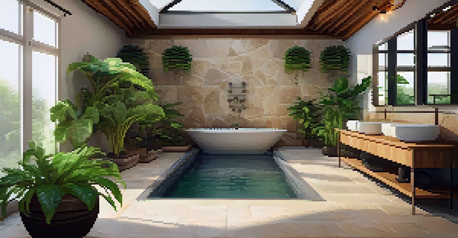 A bathroom corner with a small indoor fountain surrounded by plants, featuring natural stone tiles and wooden accents.