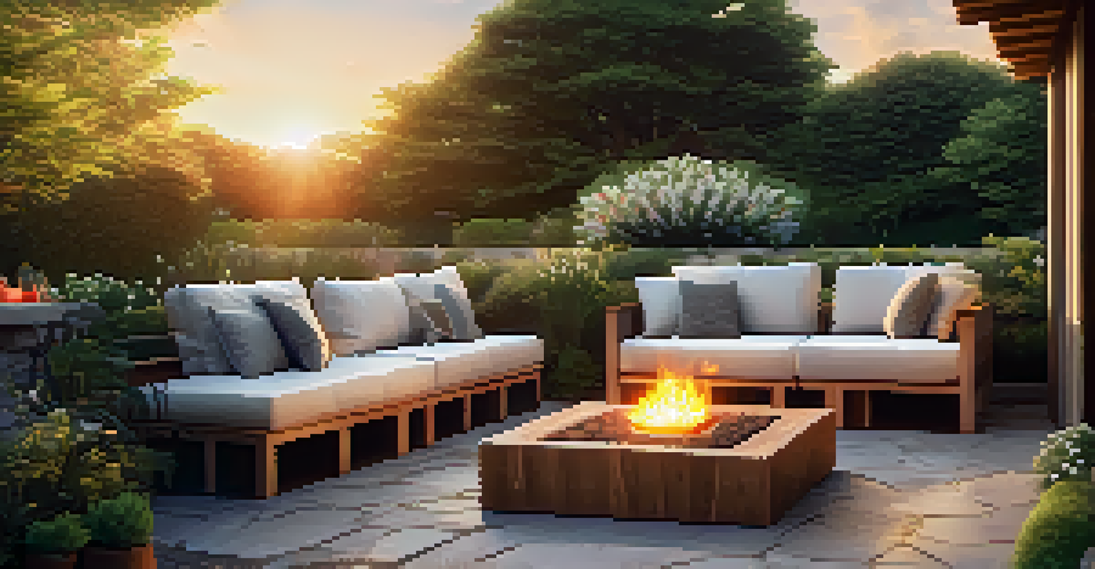 An elegant outdoor seating area with plush cushions and a rustic fire pit, surrounded by beautifully landscaped gardens during sunset.