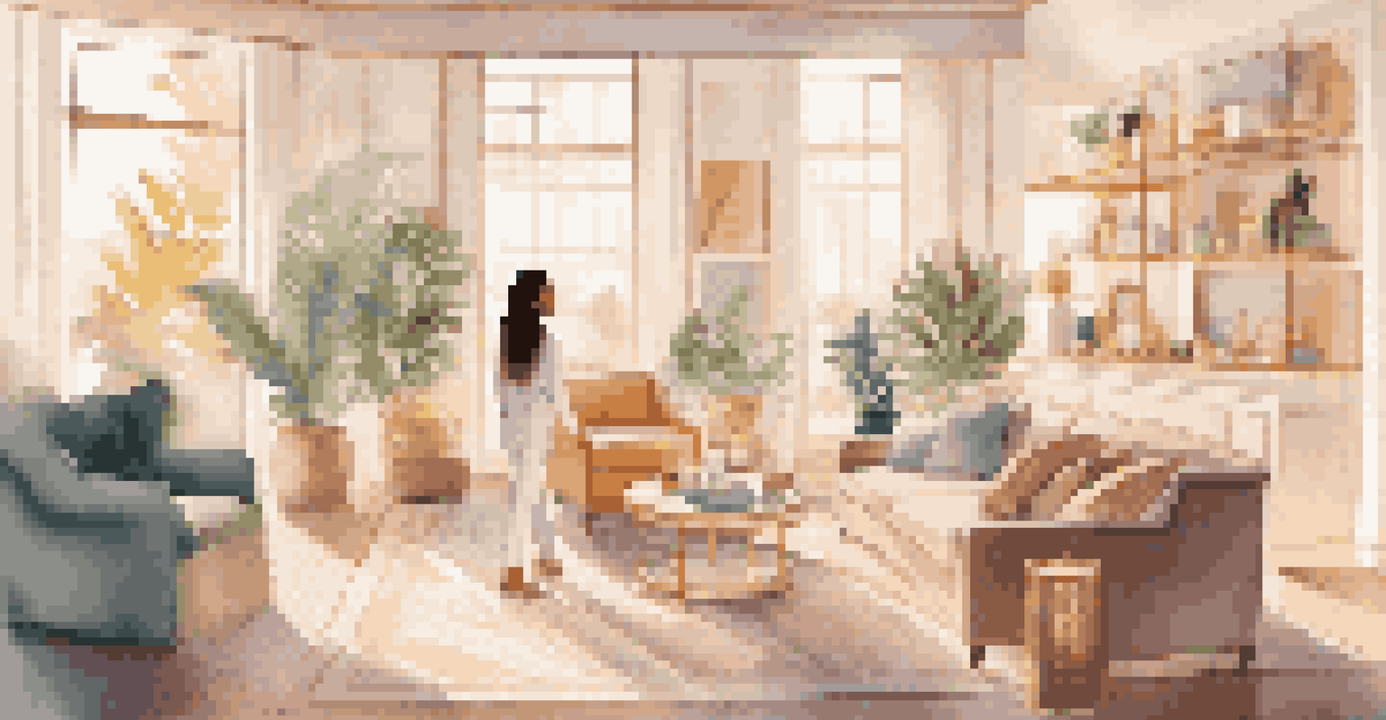 An influencer in a stylish living room presenting a luxury skincare product, with warm light and elegant decor in the background.