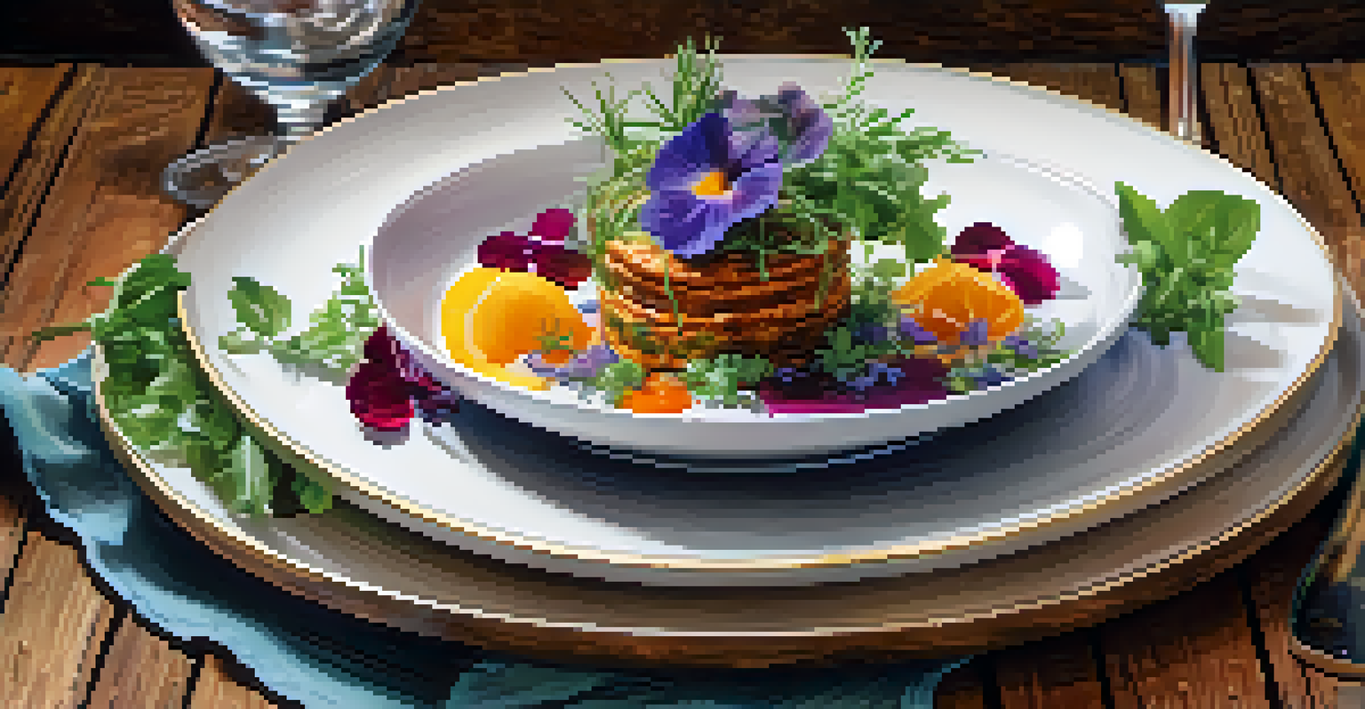 An artistic close-up of a gourmet dish presented on a wooden table, highlighting its vibrant colors and intricate details.