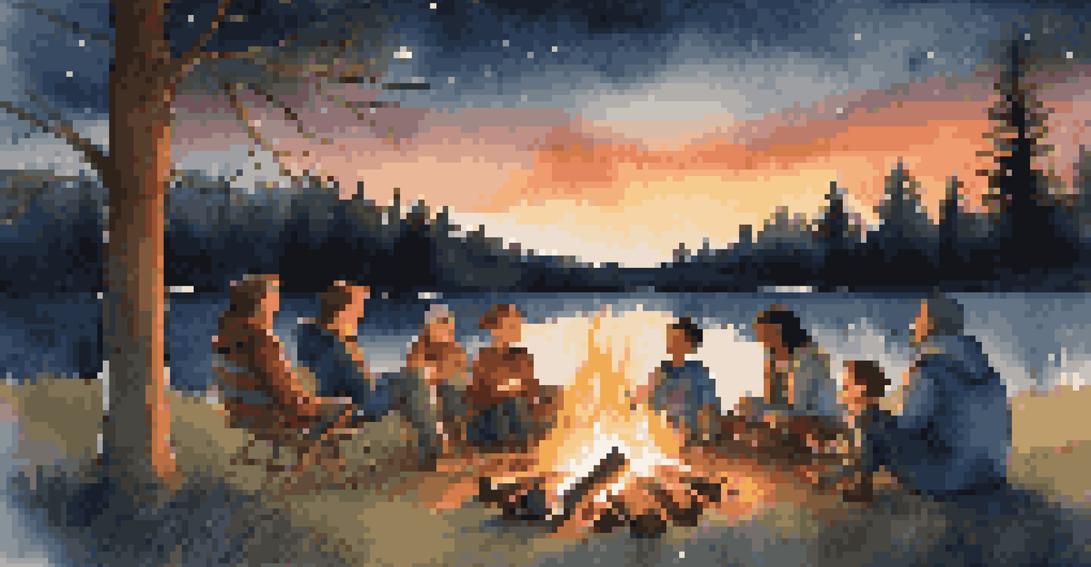 A family gathered around a campfire at dusk, roasting marshmallows and enjoying each other's company.