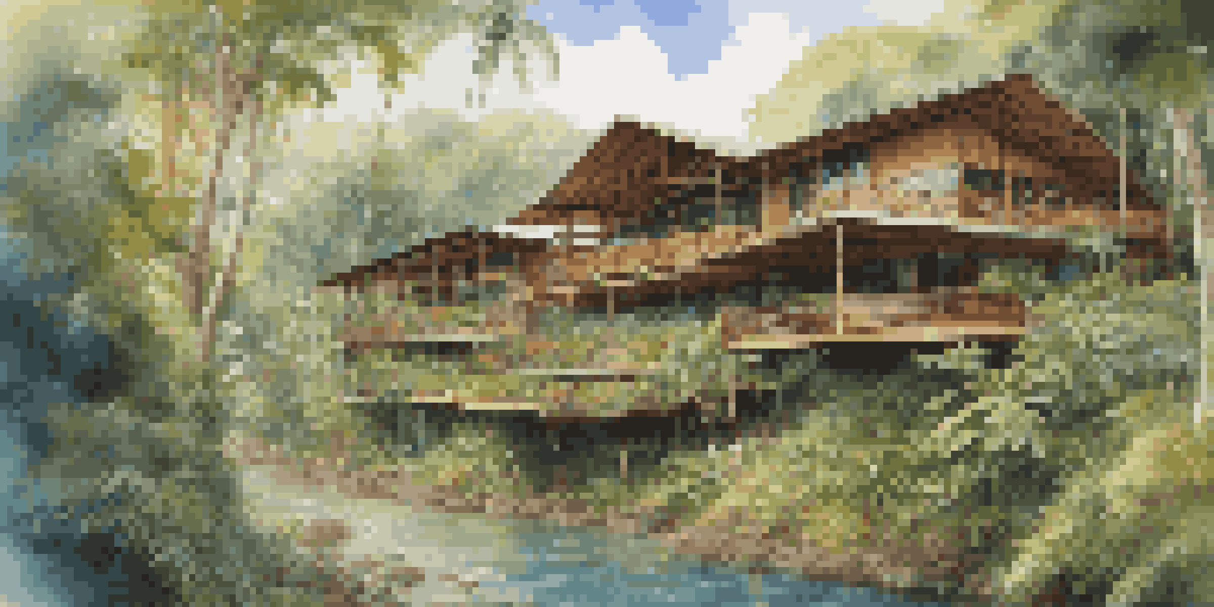 A beautiful eco-lodge surrounded by a lush rainforest, featuring wooden balconies and tropical plants, with a glimpse of wildlife and a river.