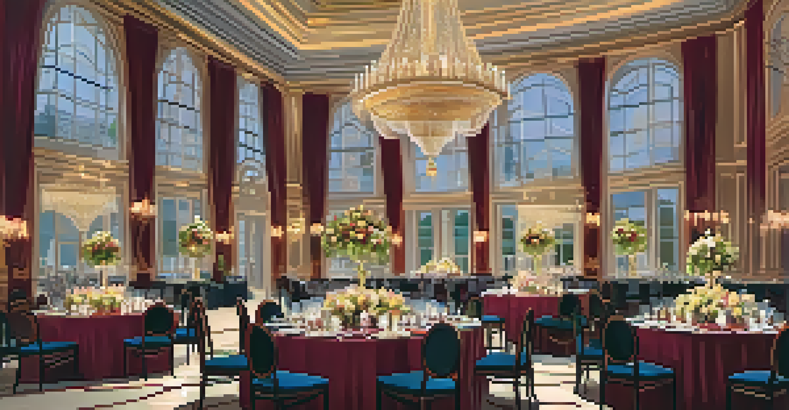 An opulent ballroom with a grand chandelier, elegantly set tables, rich colors, and guests in formal attire enjoying the event.