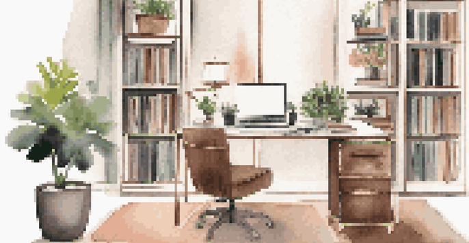 A stylish workspace with a laptop, a designer notebook, and a bookshelf, illuminated by warm lighting.