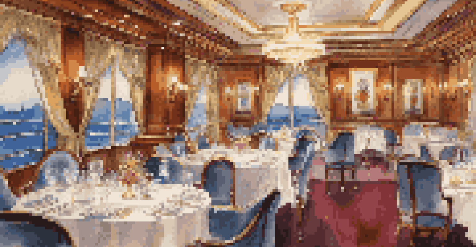 A beautifully set dining table on a luxury cruise ship, ready for a formal meal with fine china and soft lighting.