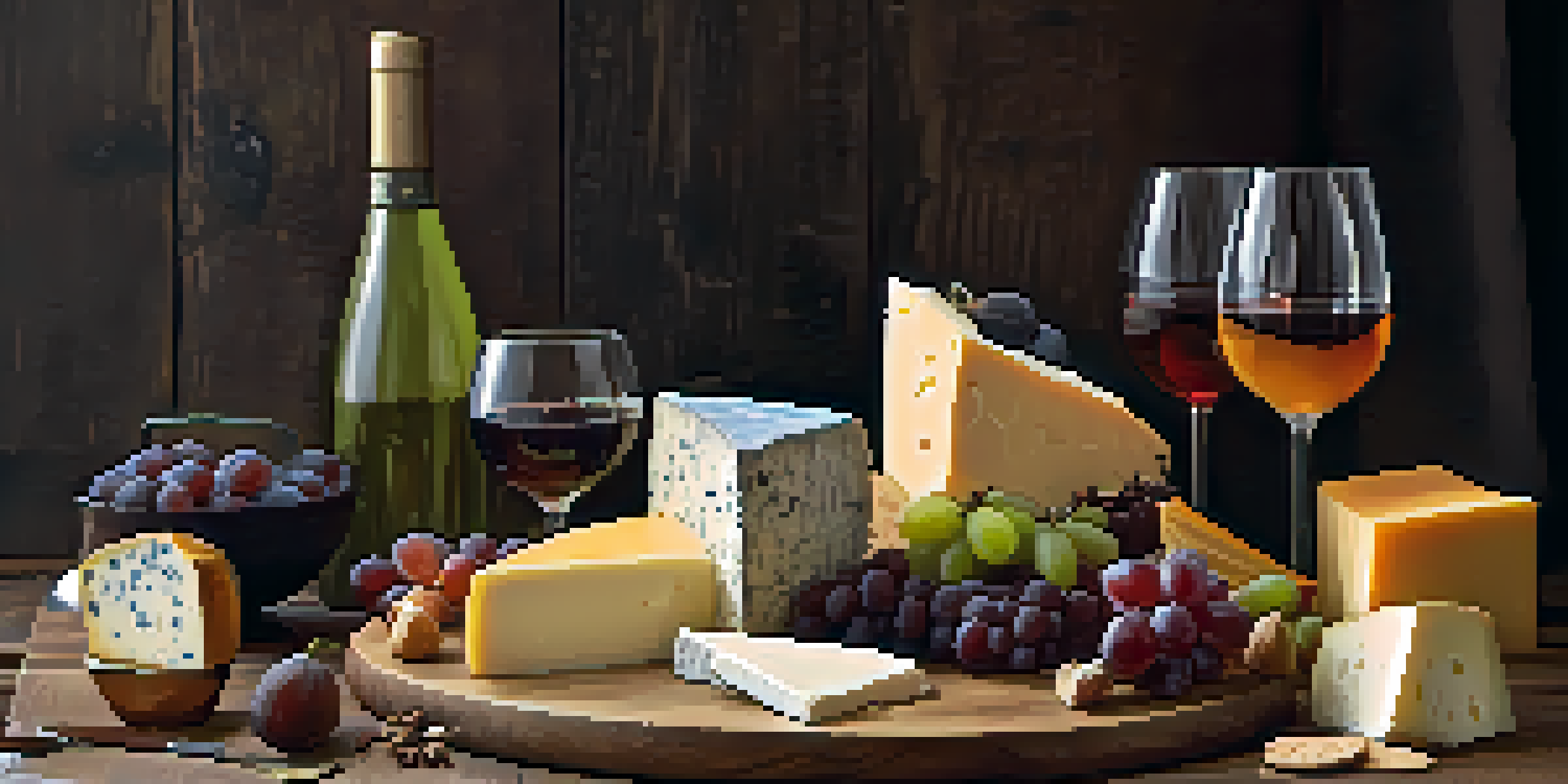 A charcuterie board with various cheeses and fruits, accompanied by elegant wine glasses, displayed on a rustic wooden table.