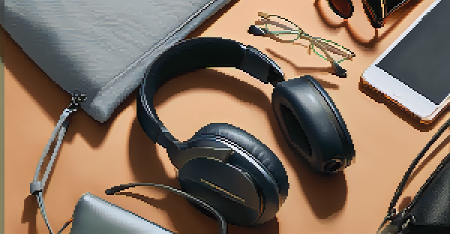 High-end noise-canceling headphones on a stylish travel bag, with travel essentials in the background.