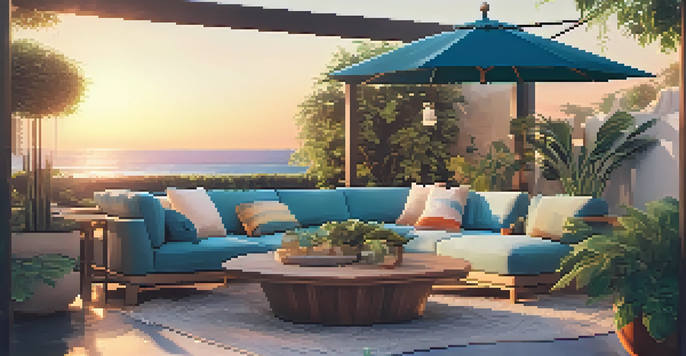 An inviting outdoor lounge with plush furniture, surrounded by plants and illuminated by sunset light.