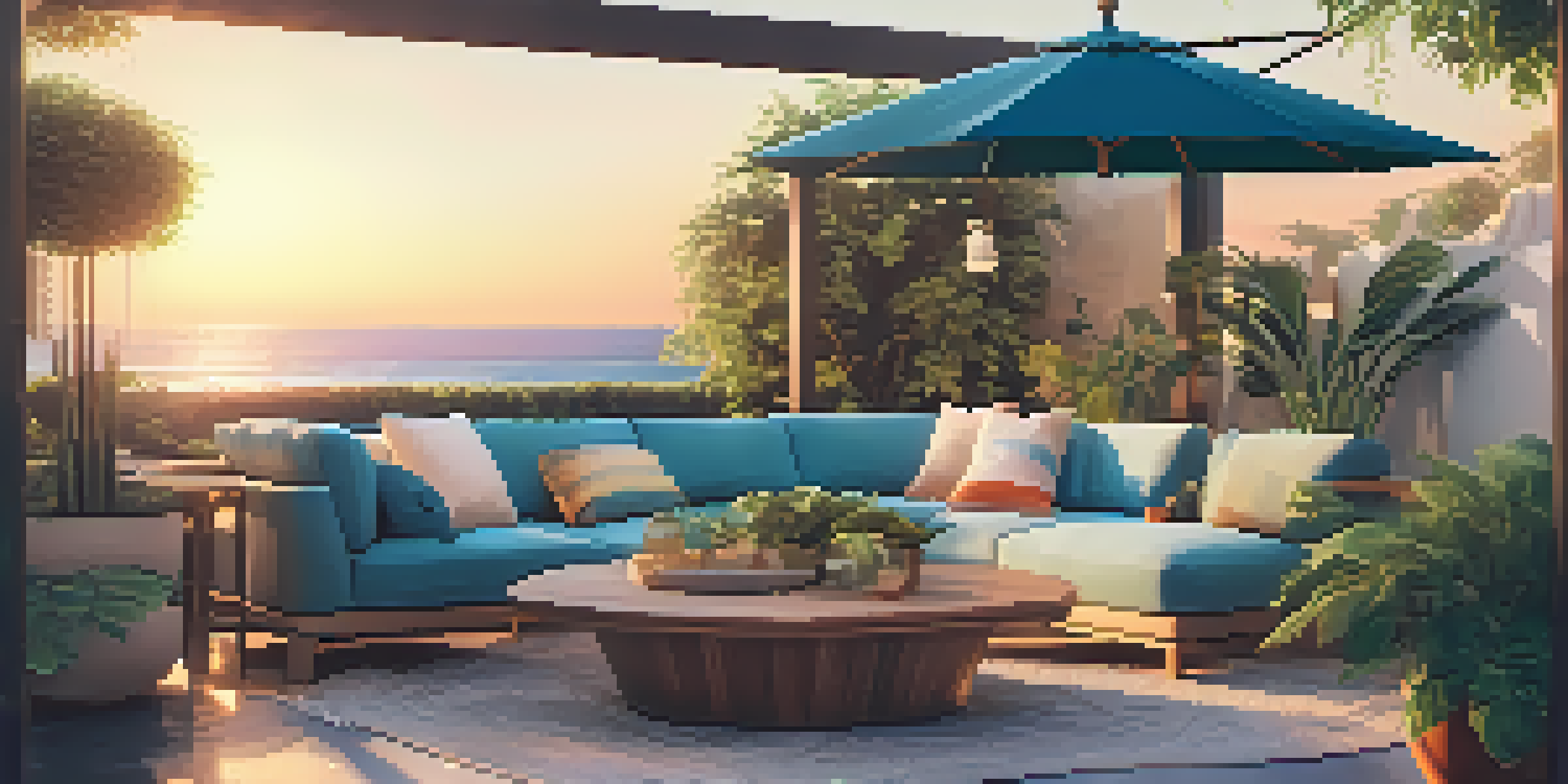 An inviting outdoor lounge with plush furniture, surrounded by plants and illuminated by sunset light.