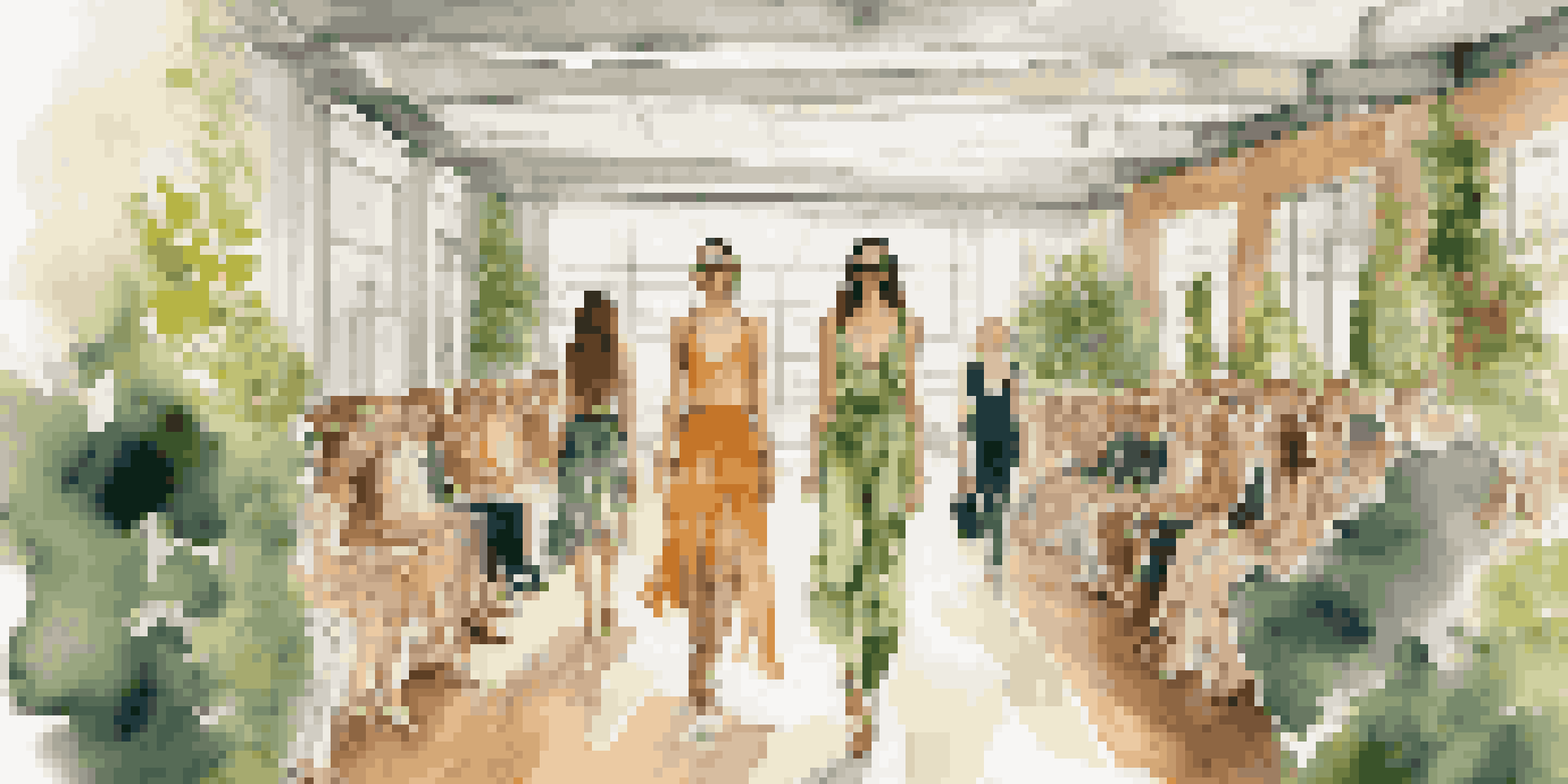 A runway show featuring models in eco-friendly fashion, surrounded by plants and natural light.