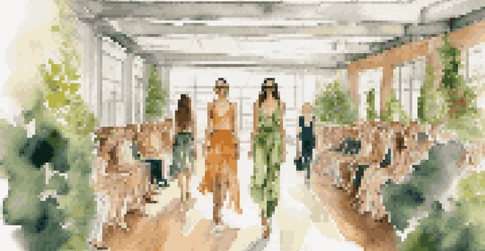 A runway show featuring models in eco-friendly fashion, surrounded by plants and natural light.