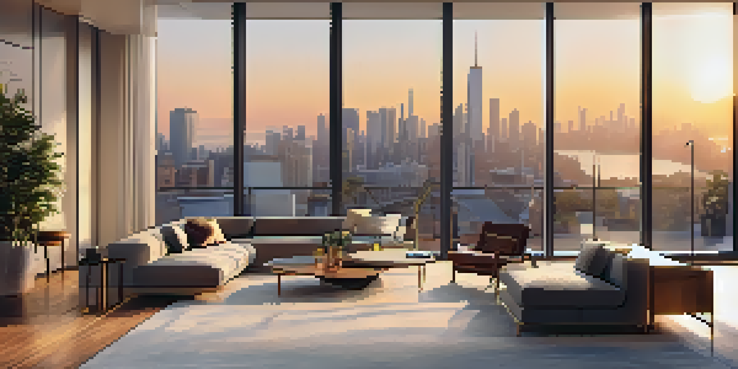 A modern penthouse with large windows, city skyline view at sunset, and elegant interior design.