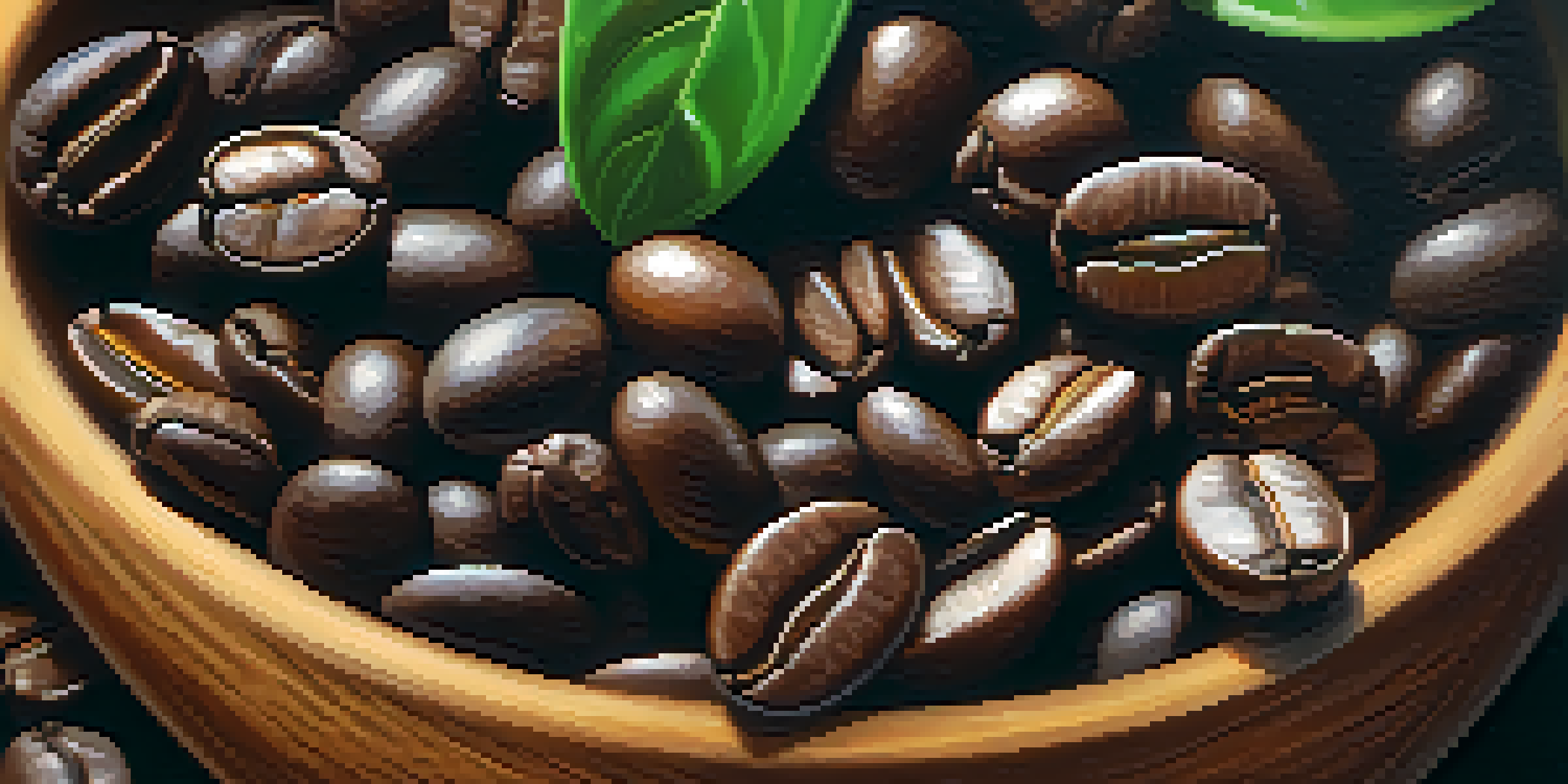 A wooden bowl filled with freshly roasted coffee beans, highlighted by warm lighting, with coffee plants in the background.
