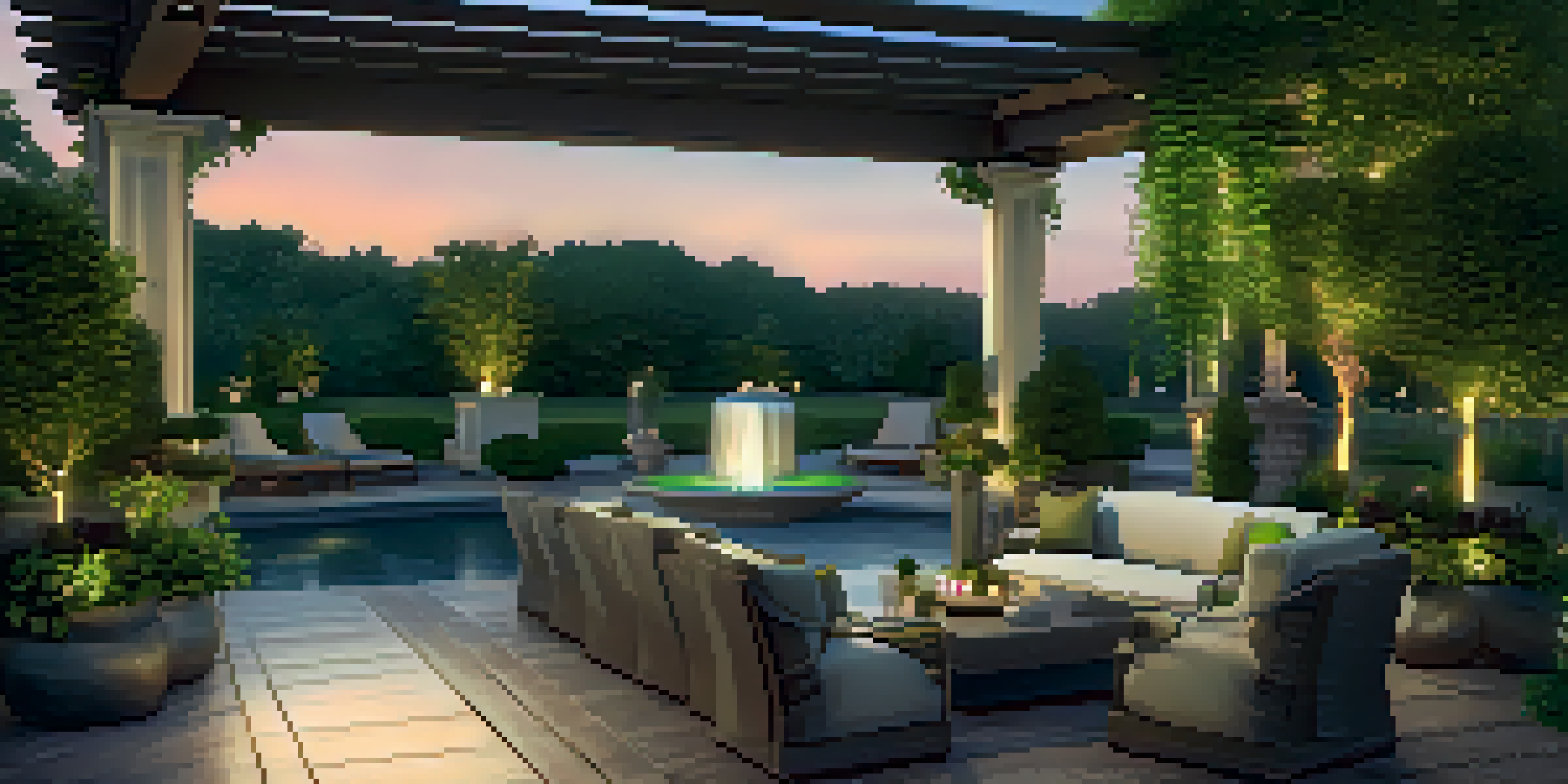 A luxurious outdoor patio with elegant furniture, surrounded by greenery and flowers, illuminated by soft lighting and featuring a small fountain.