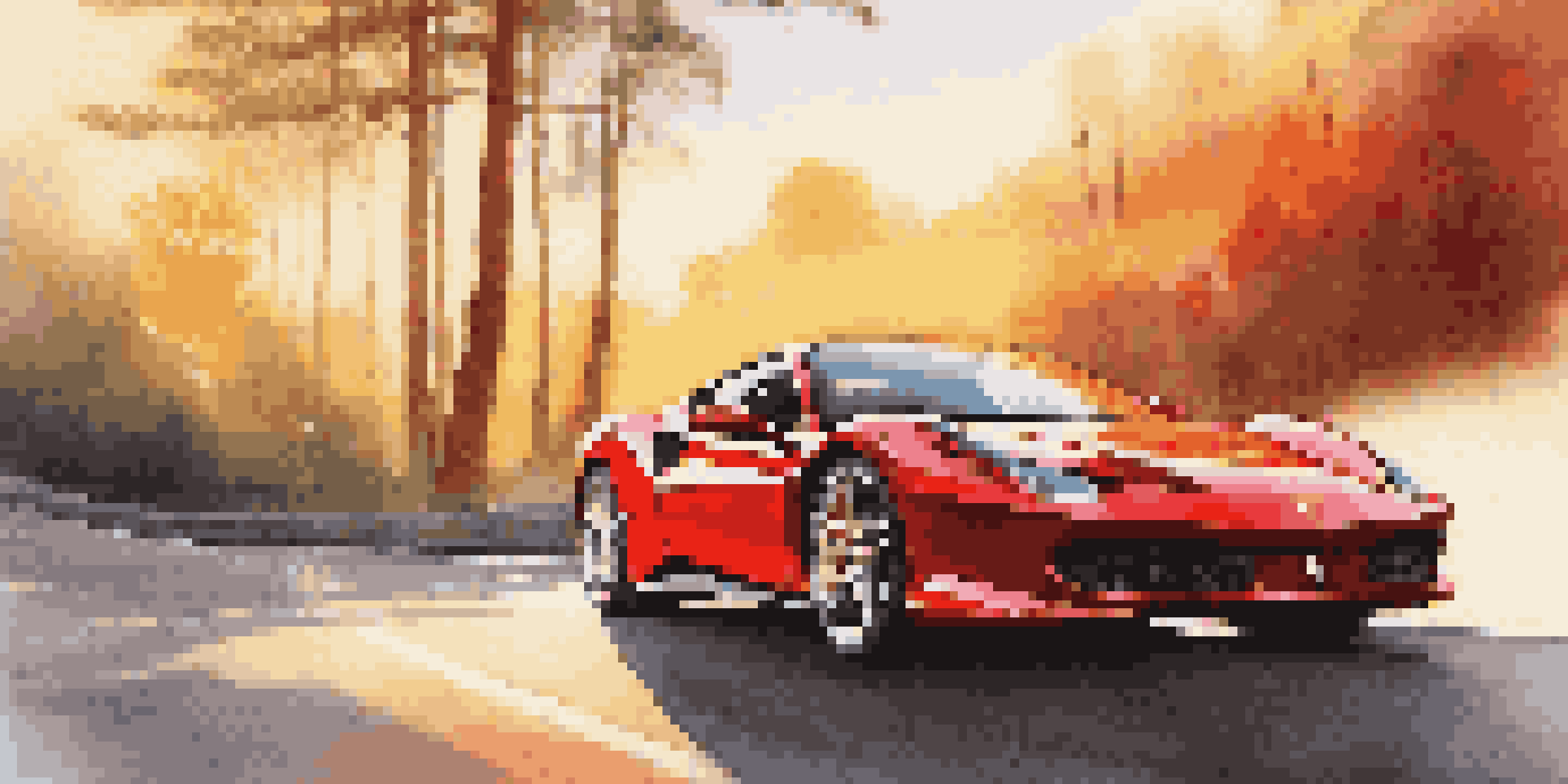 A red Ferrari racing on a scenic track during sunset, with blurred trees in the background.