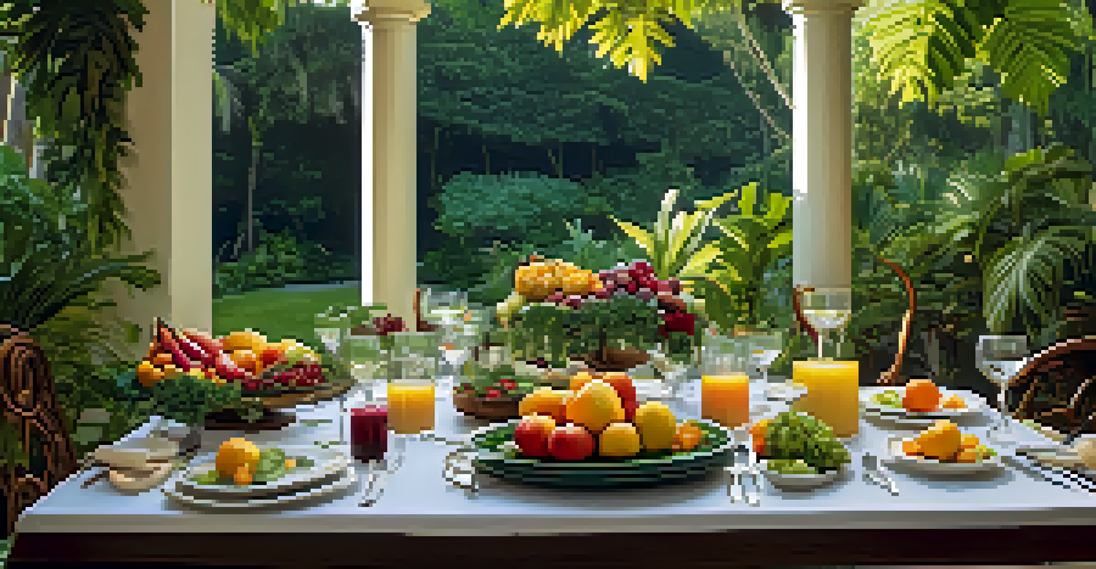 An outdoor dining table with fresh fruits and vegetables, surrounded by greenery in a luxury resort setting.
