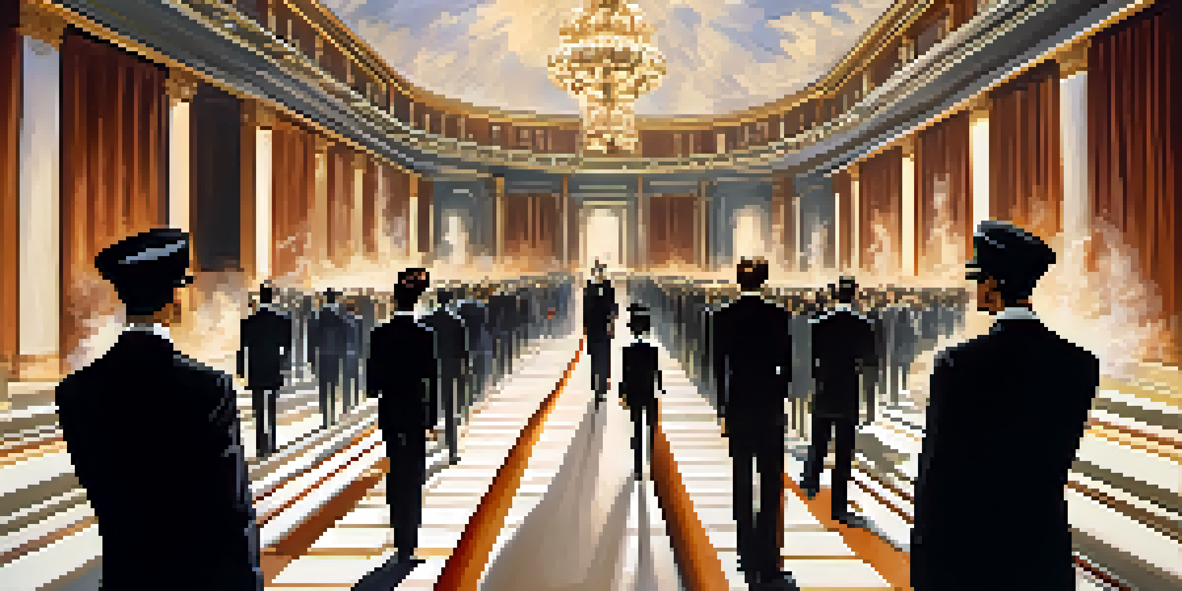 A runway show displaying models in Yves Saint Laurent's Le Smoking suit, set in a grand theater with dramatic lighting.