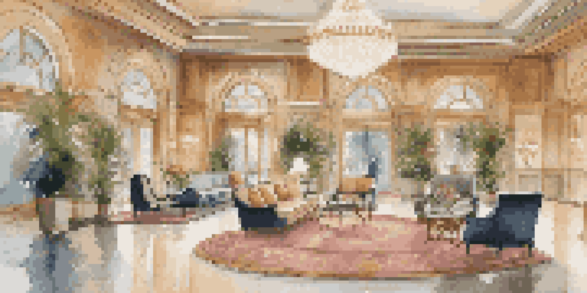 A luxurious hotel lobby with elegant decor, plush seating, chandelier, and floral arrangements.