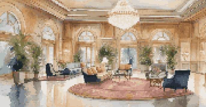 A luxurious hotel lobby with elegant decor, plush seating, chandelier, and floral arrangements.