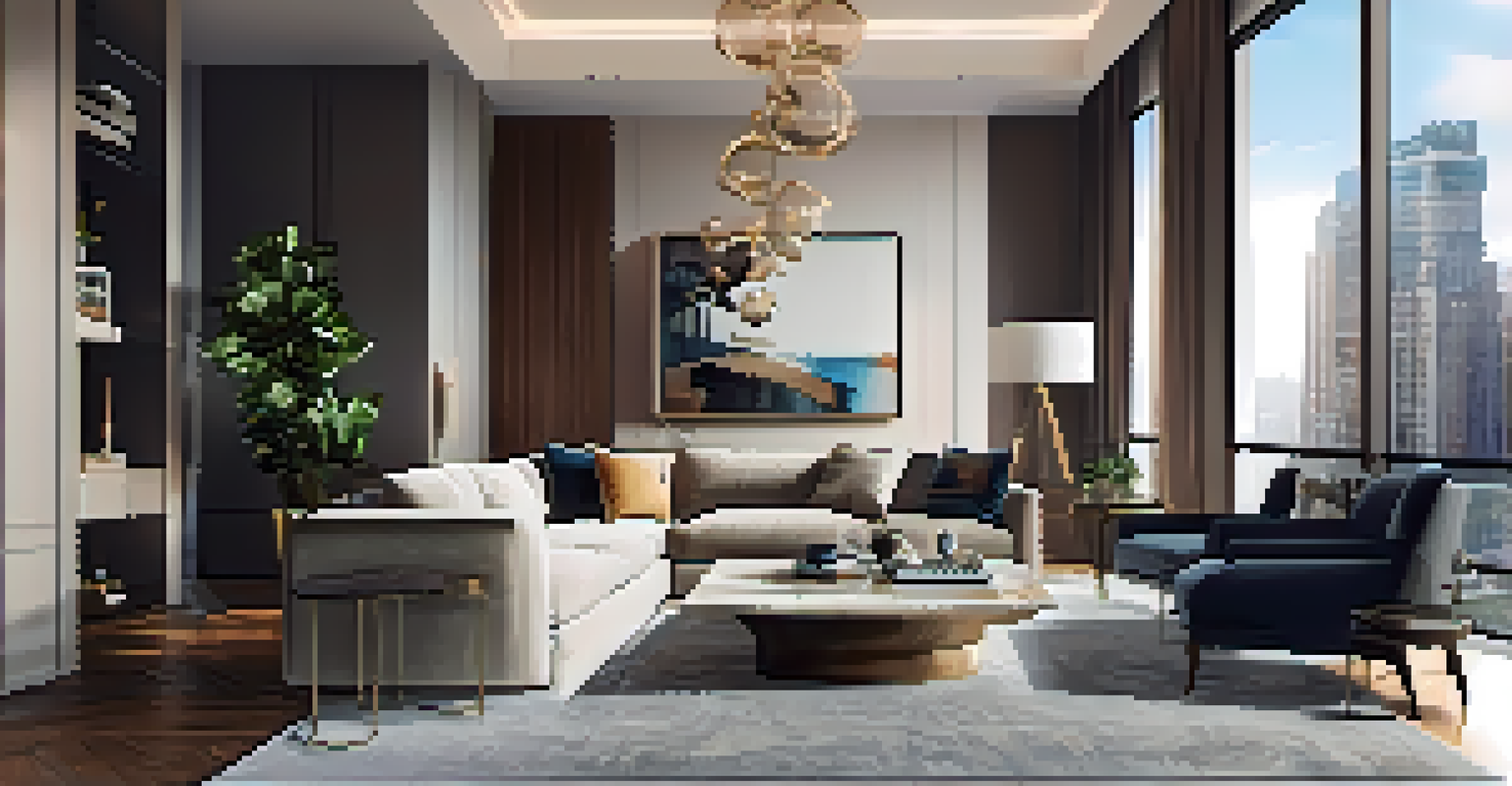 A chic urban luxury apartment living room with a panoramic city view, plush sofa, and modern decor.
