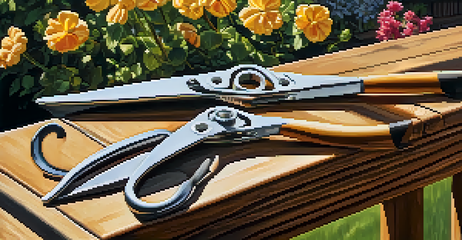Ergonomic pruners on a wooden bench with blooming flowers in the background.