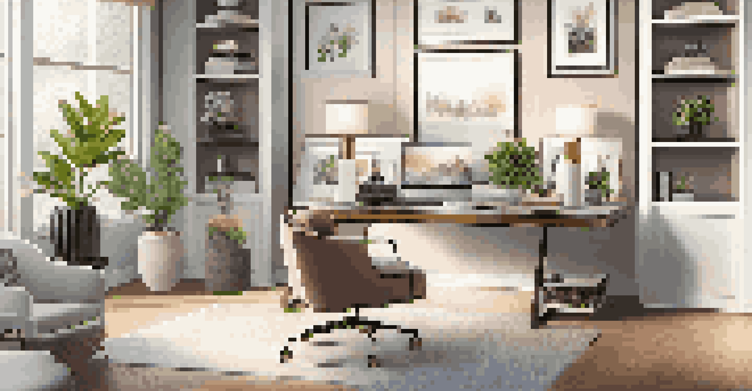 An elegant home office with a sleek desk, computer, and decorative elements, illuminated by natural light and plants.