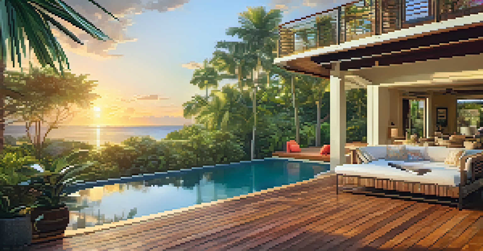 An outdoor living space with a deck and pool, surrounded by tropical plants, illuminated by the warm light of a setting sun.