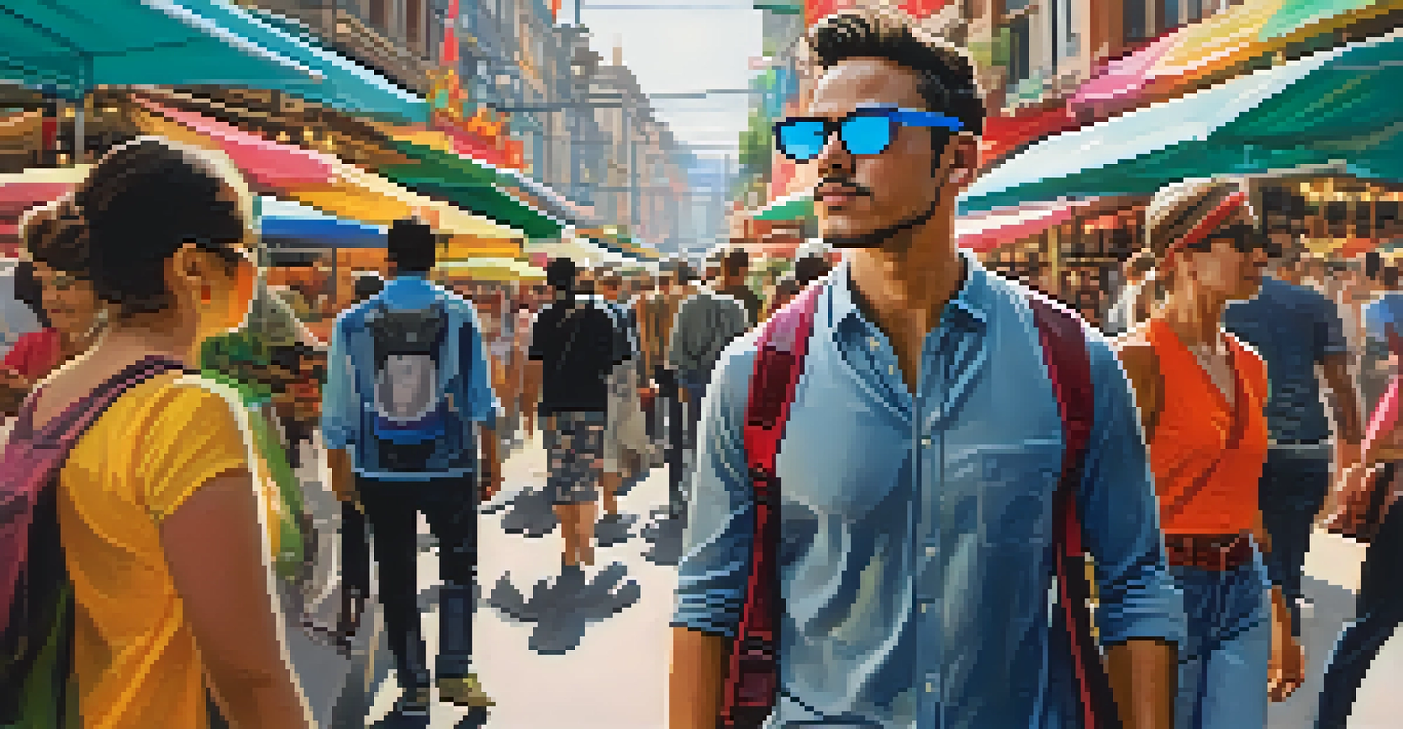 Person wearing smart glasses with AR navigation in a busy urban market full of colorful stalls.