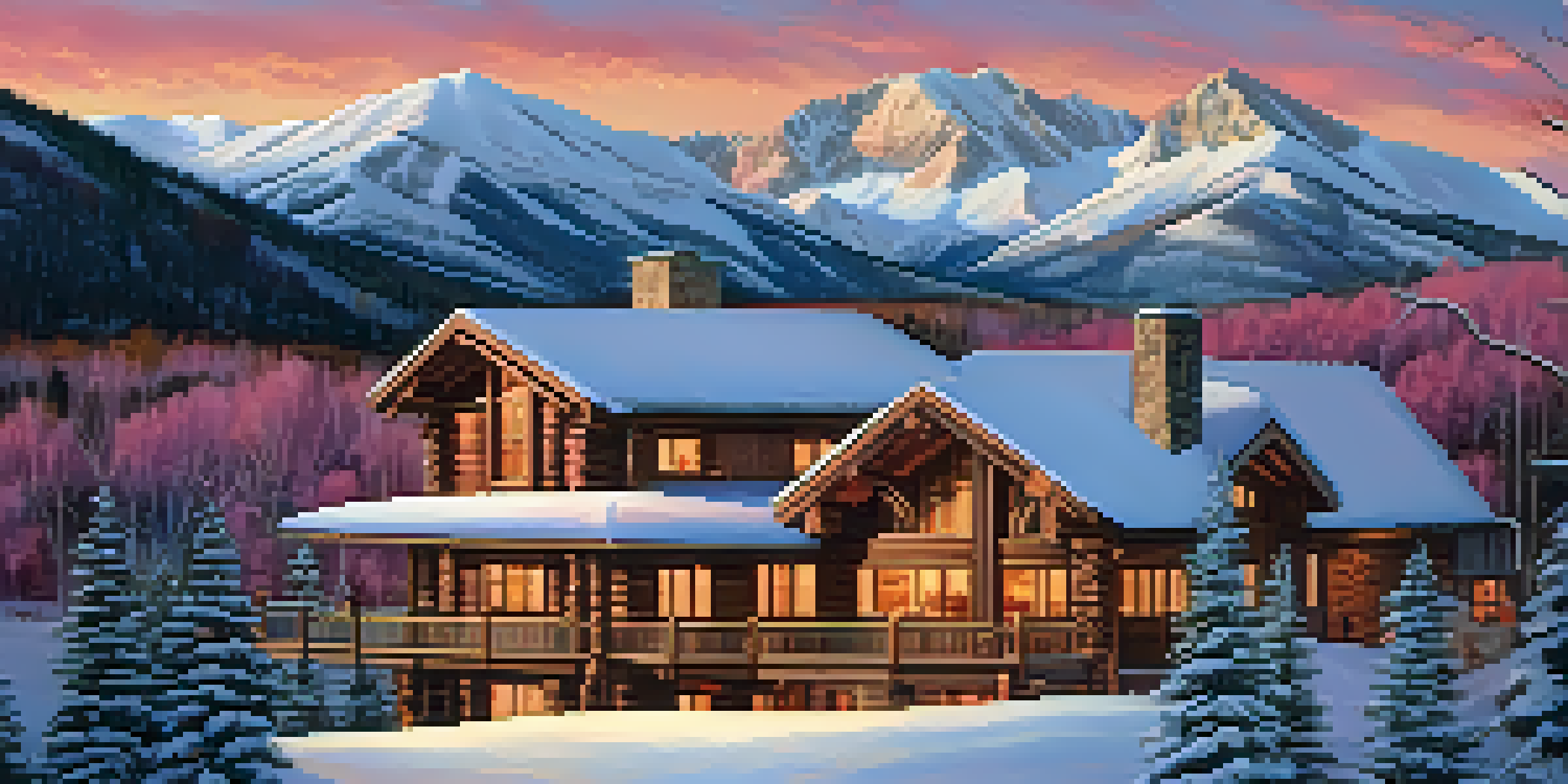 A picturesque sunset over snowy mountains, with a warm-lit lodge in the foreground.