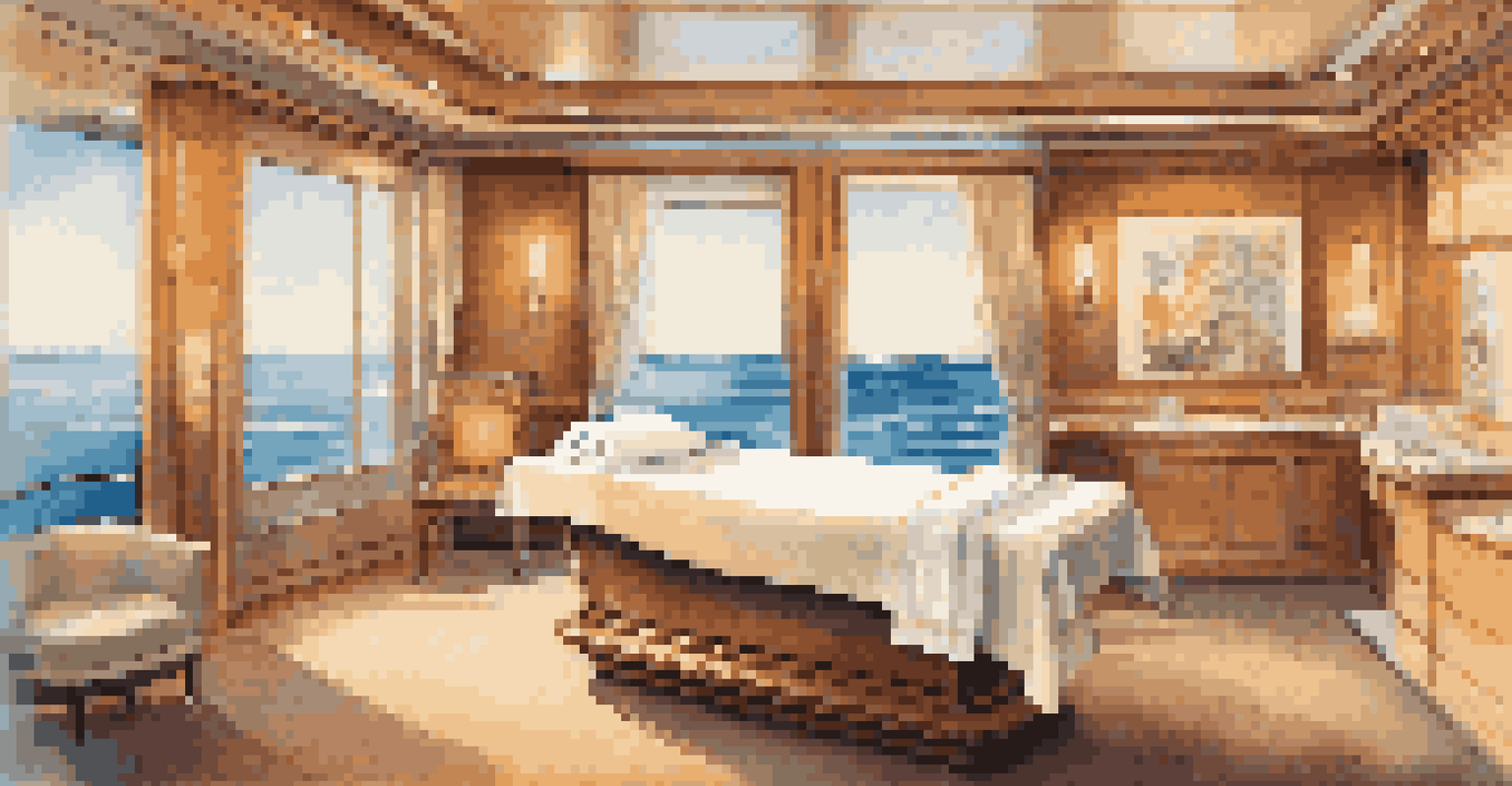 A calming spa treatment room on a cruise ship with ocean views and a massage table ready for a treatment.