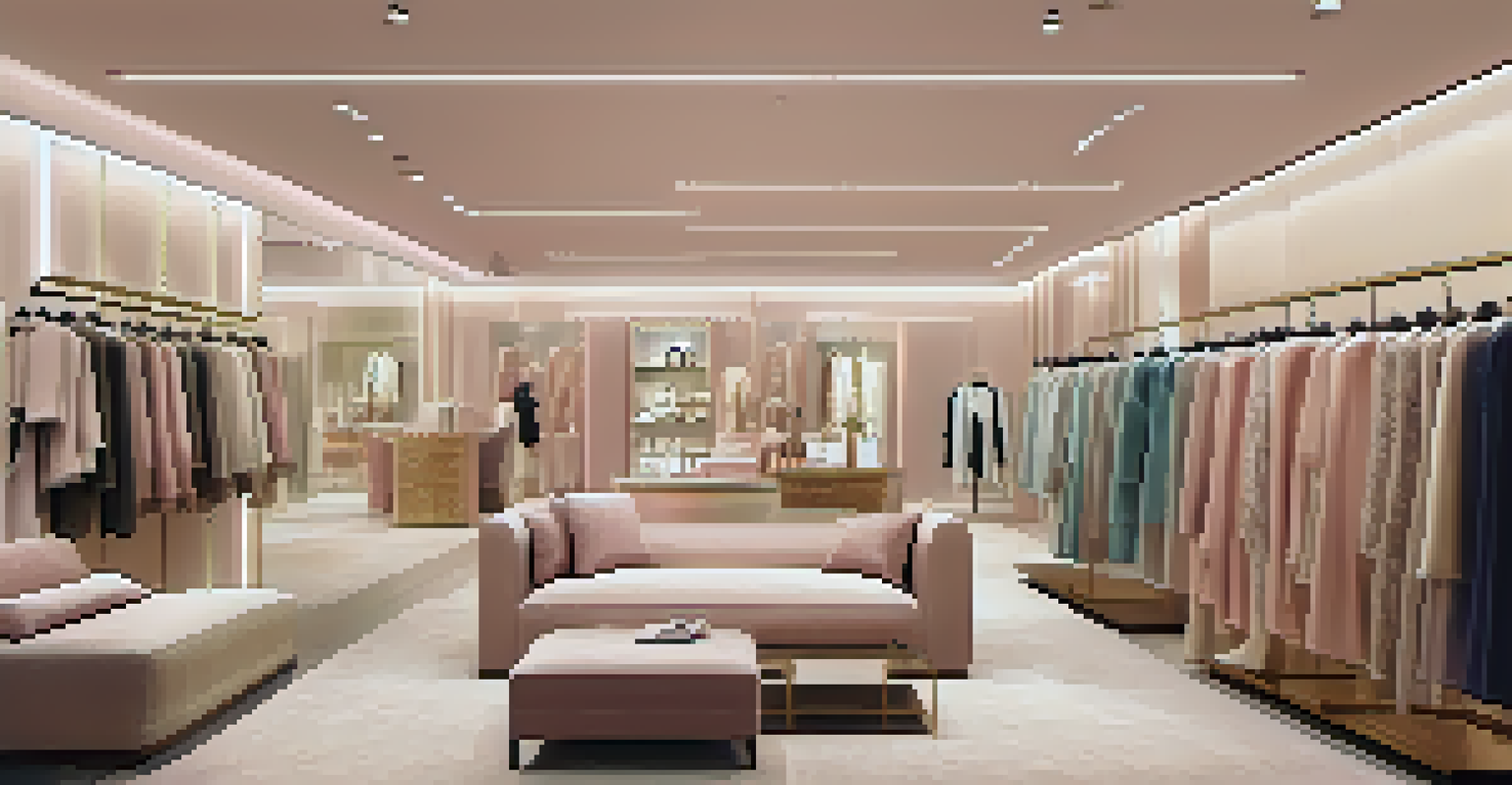An elegant fashion boutique with pastel-colored walls and high-end clothing displayed beautifully.
