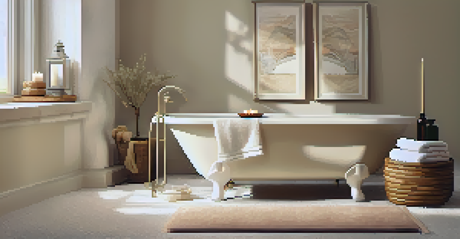 A relaxing bathroom setup with a bath mat, a caddy holding wine and a candle, and soft textures for a cozy feeling.