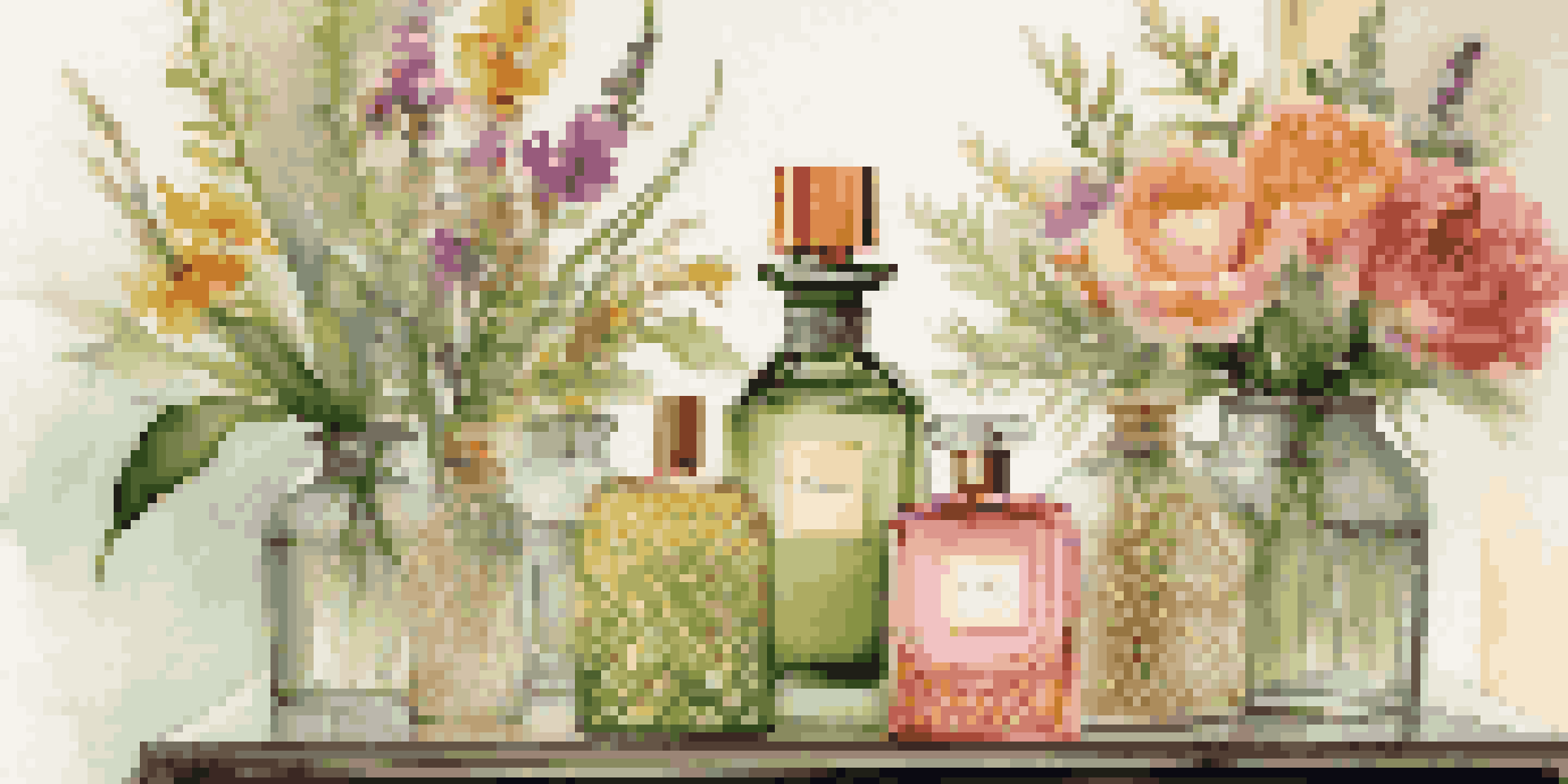A luxurious display of glass fragrance bottles surrounded by fresh flowers and greenery, illuminated by warm lighting.