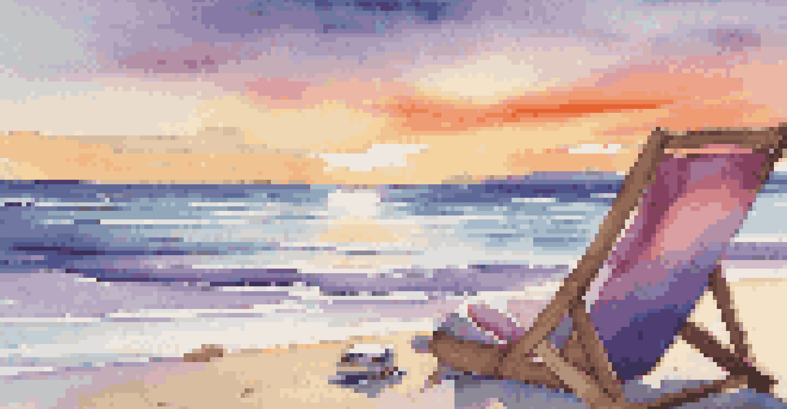 A tranquil beach at sunset with waves, sand, and a beach chair.