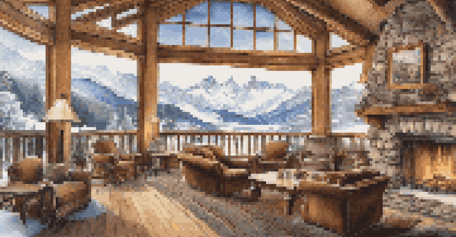 A luxury lodge in the mountains with panoramic views, rustic interiors, and families enjoying the snow outside.