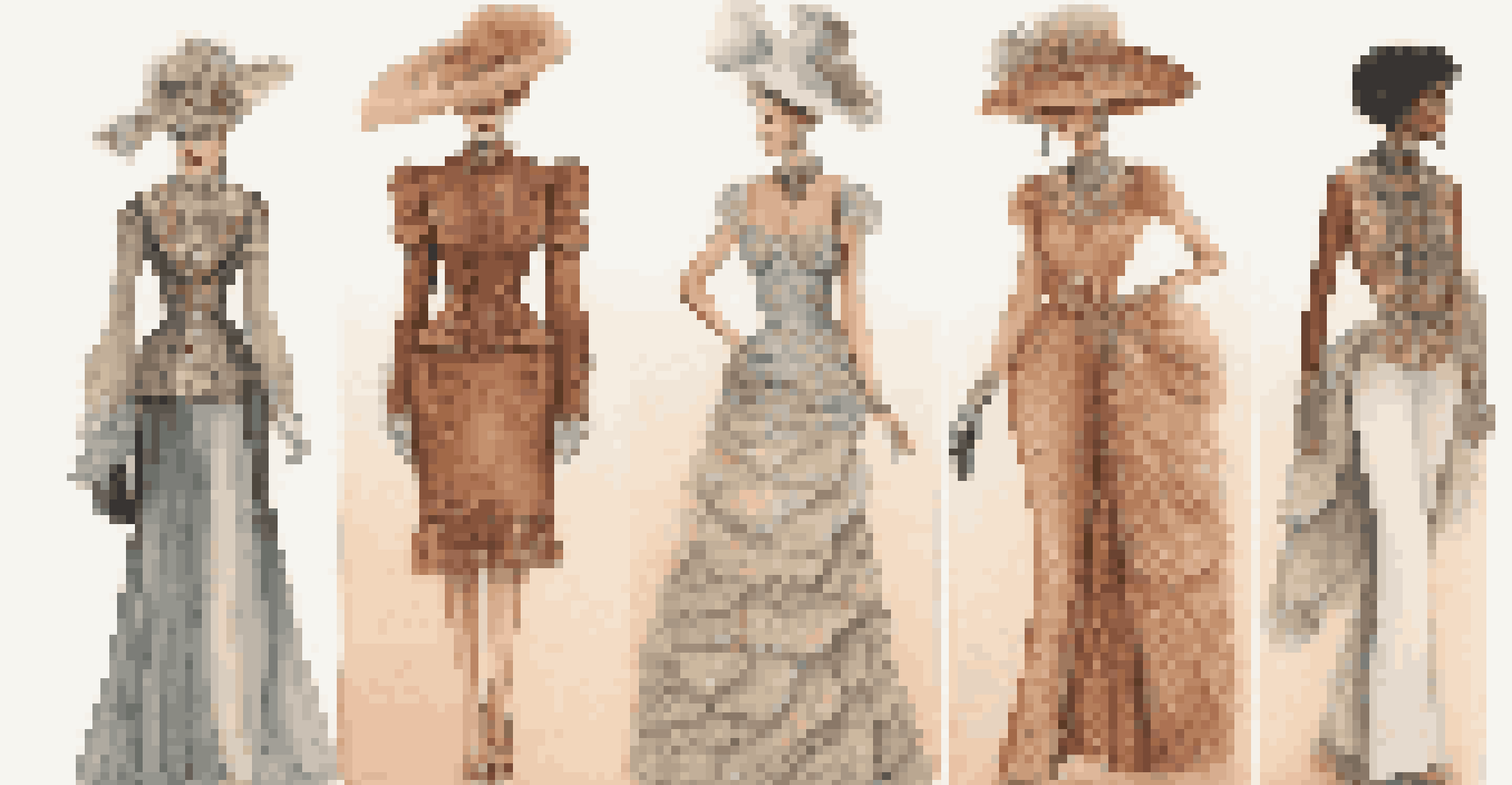 A timeline showcasing the evolution of fashion trends with iconic outfits from different eras against a gradient background.