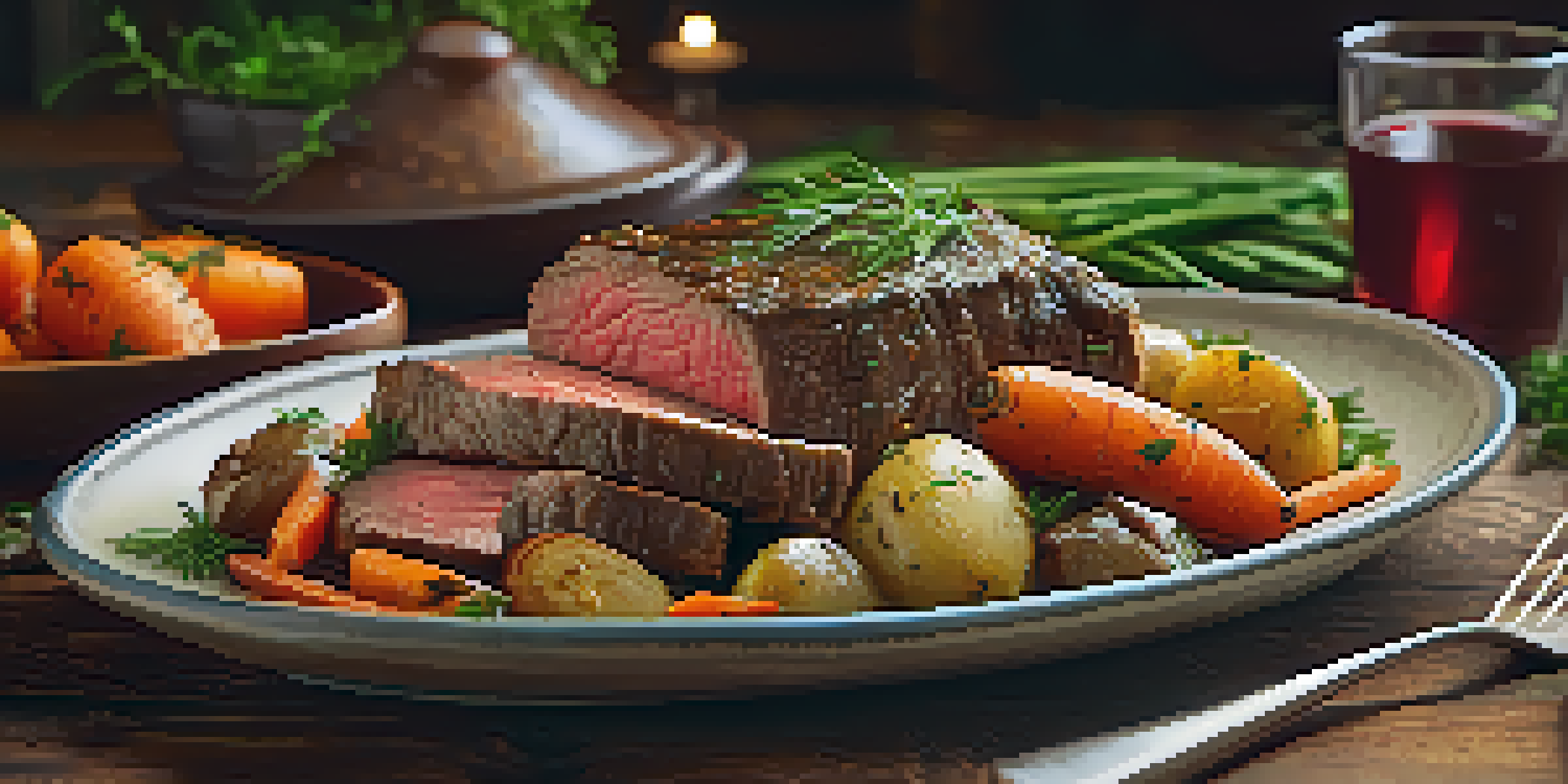 A braised beef dish with fresh herbs and colorful roasted vegetables on a rustic wooden table, illuminated by warm lighting.
