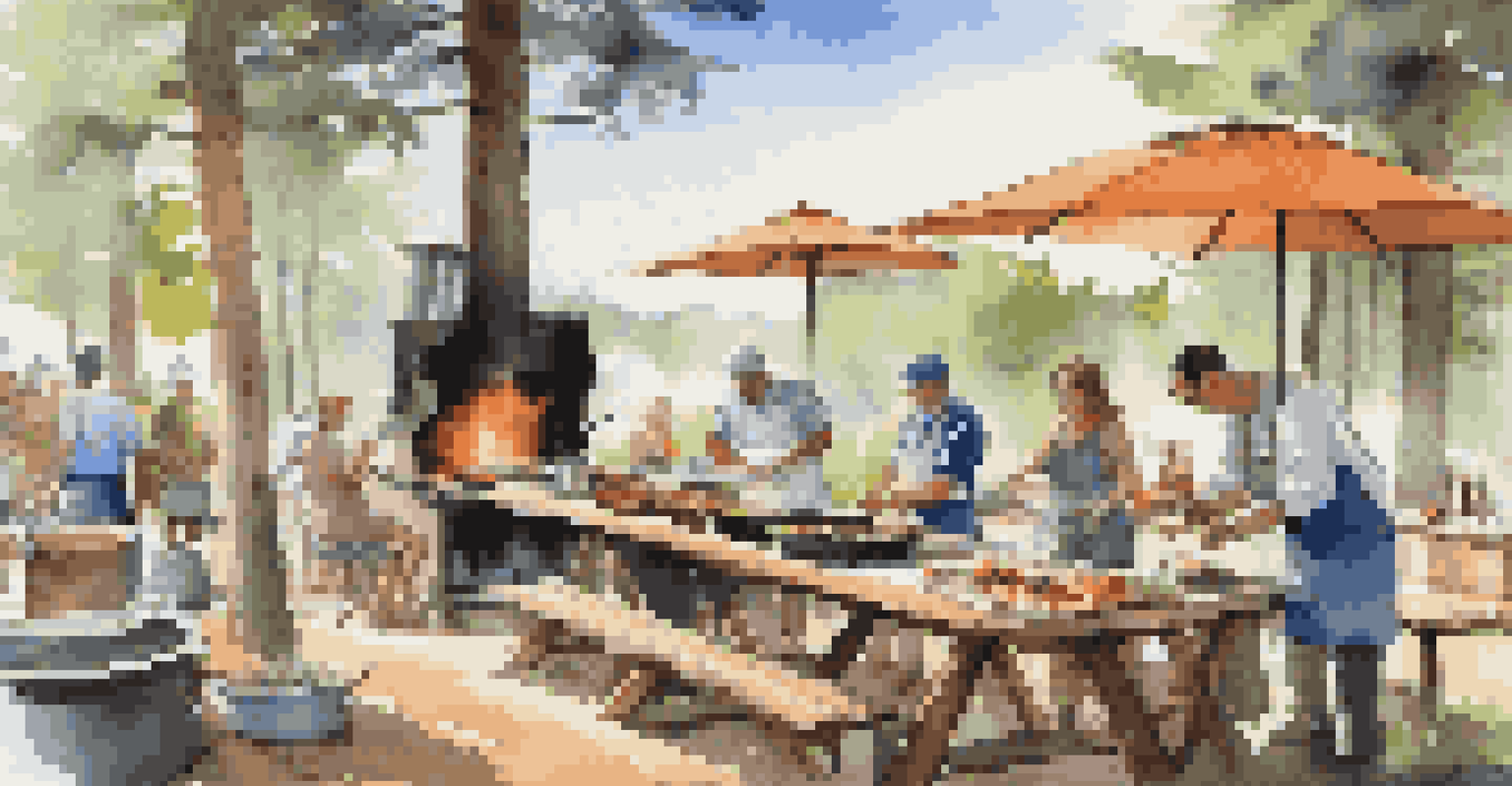 A chef leading an outdoor cooking class at a campsite, surrounded by campers watching and fresh ingredients.