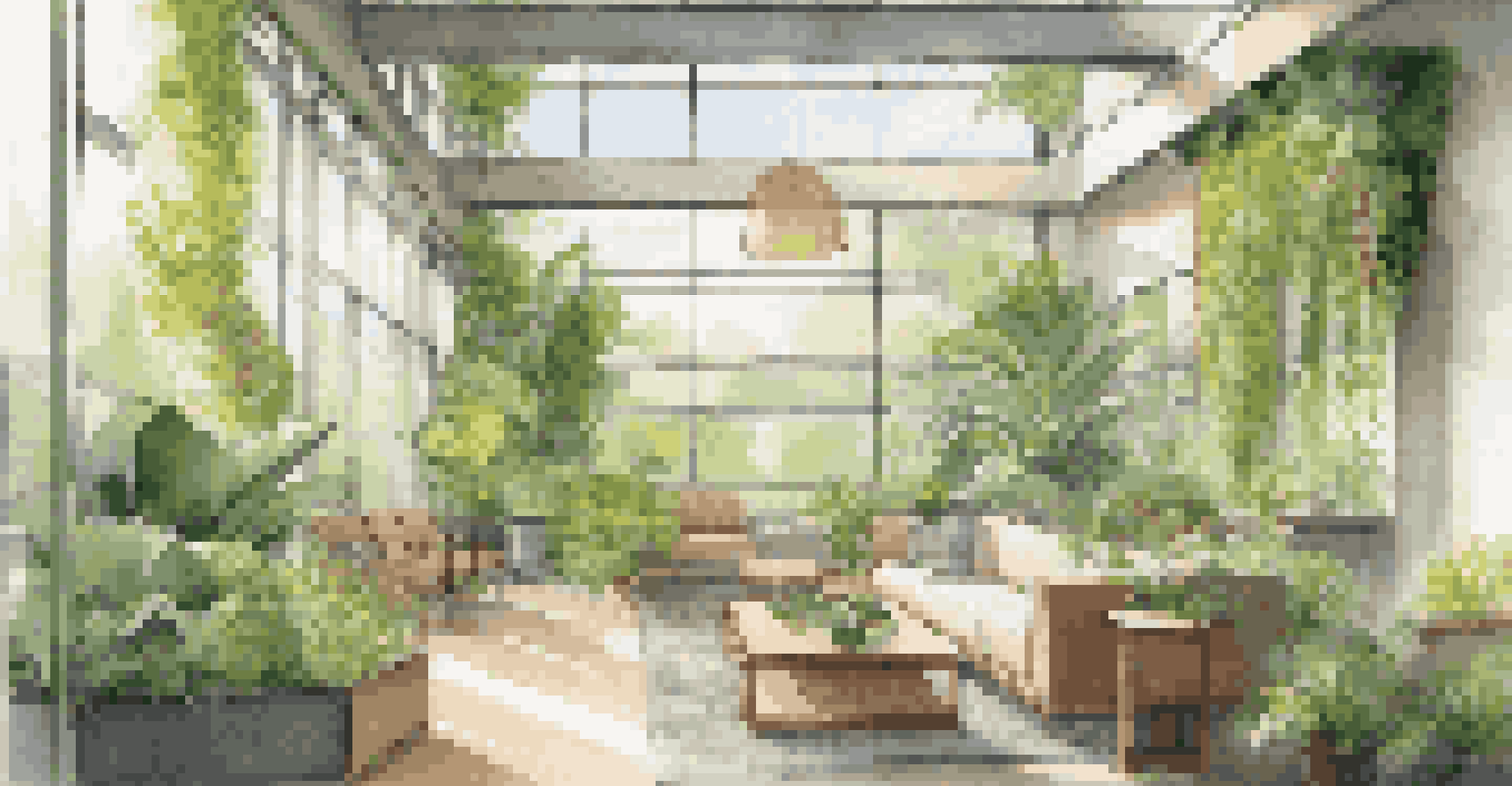 A serene indoor garden with a living wall of lush plants, large windows allowing natural light, and a cozy seating area.