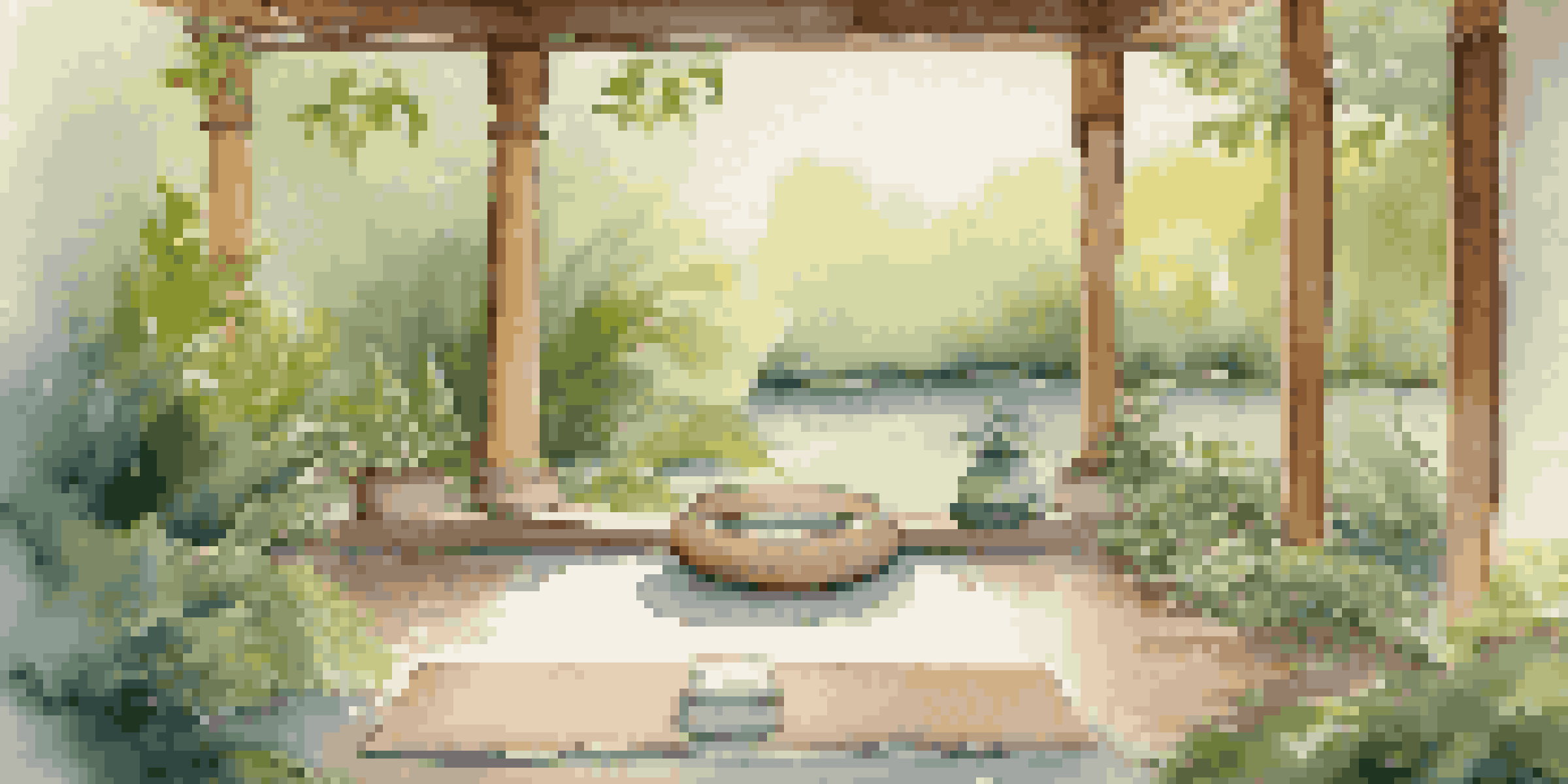 A tranquil outdoor meditation area with a yoga mat, candles, and greenery, creating a peaceful atmosphere.