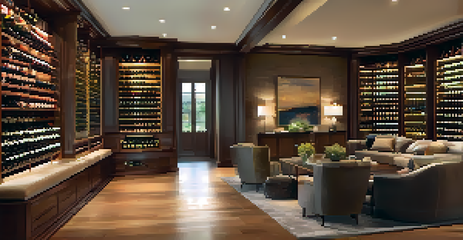 The interior of a luxury home with a custom wine cellar, plush seating, and large windows allowing natural light to illuminate the space.