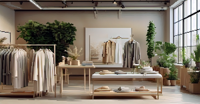 A boutique display featuring eco-friendly fashion items made from organic cotton and recycled materials, with soft natural lighting and plants in the background.